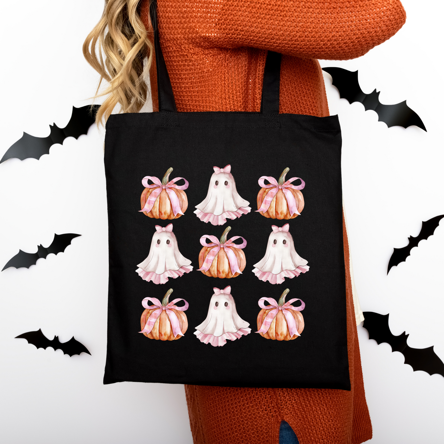 Süßer Kürbis & Geist Beutel – Halloween Tote Bag Baumwolle – Rosa, Beige, Schwarz – Bügelbild für T-Shirts, Kissen, Jacken & mehr