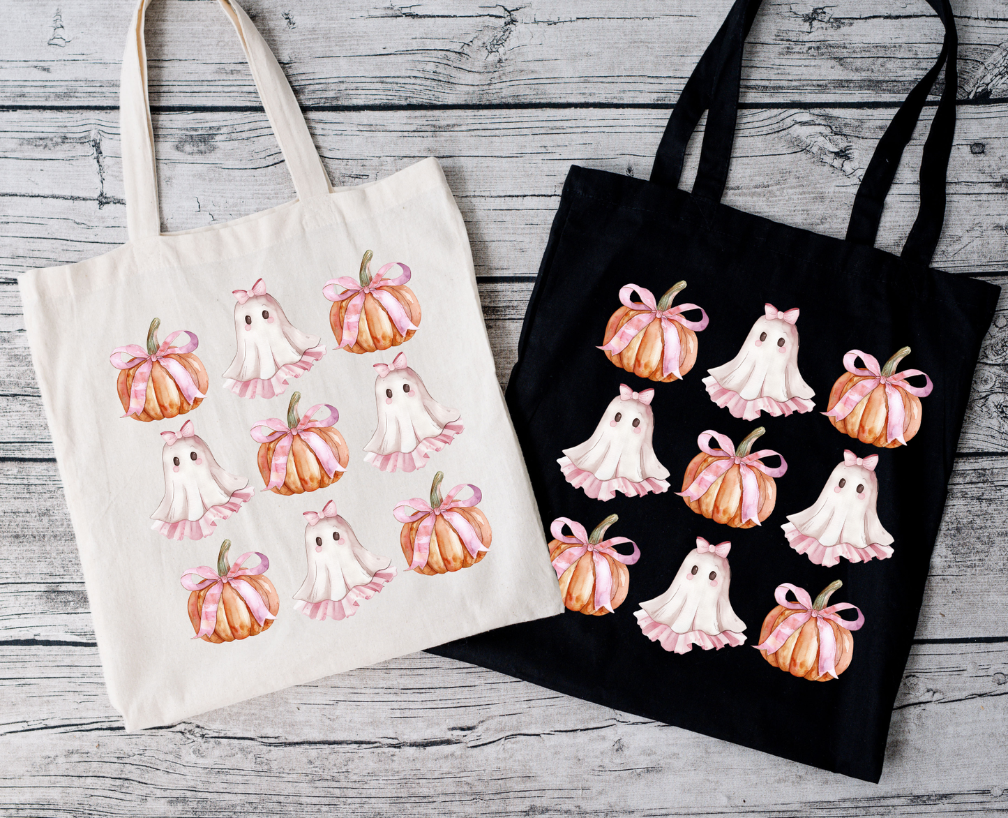 Süßer Kürbis & Geist Beutel – Halloween Tote Bag Baumwolle – Rosa, Beige, Schwarz – Bügelbild für T-Shirts, Kissen, Jacken & mehr