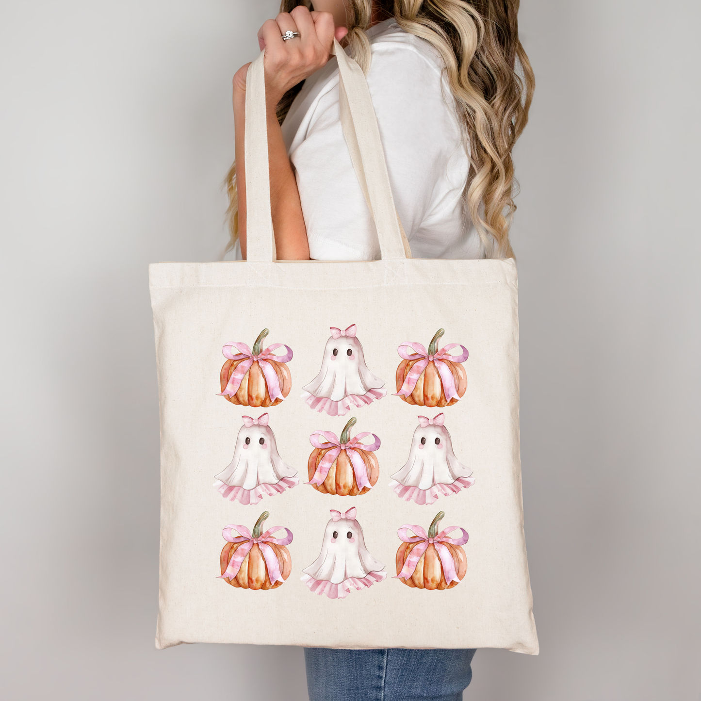 Süßer Kürbis & Geist Beutel – Halloween Tote Bag Baumwolle – Rosa, Beige, Schwarz – Bügelbild für T-Shirts, Kissen, Jacken & mehr