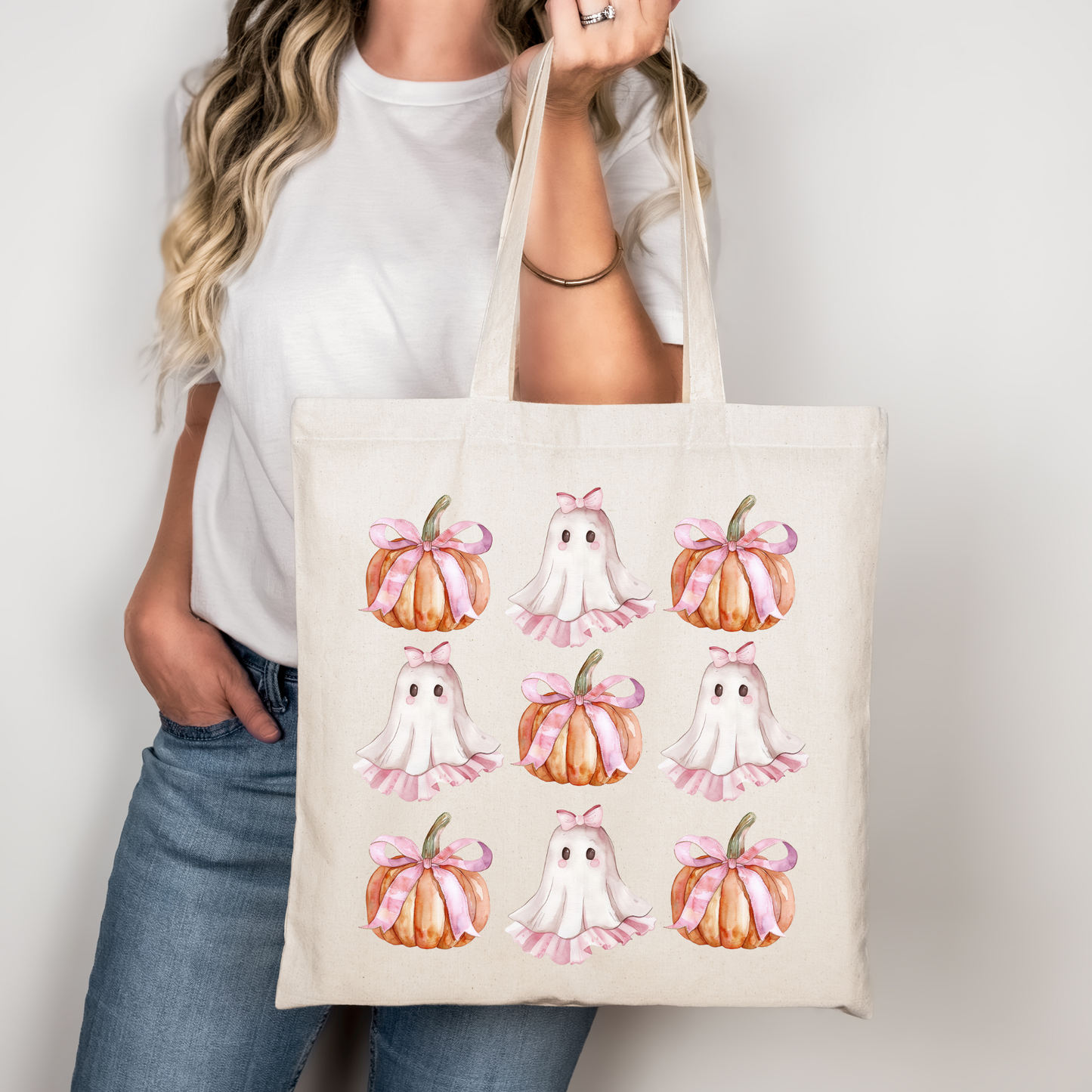 Süßer Kürbis & Geist Beutel – Halloween Tote Bag Baumwolle – Rosa, Beige, Schwarz – Bügelbild für T-Shirts, Kissen, Jacken & mehr