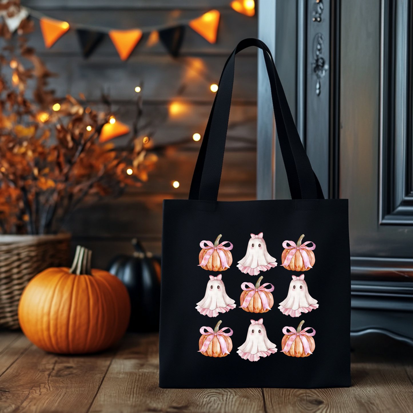 Süßer Kürbis & Geist Beutel – Halloween Tote Bag Baumwolle – Rosa, Beige, Schwarz – Bügelbild für T-Shirts, Kissen, Jacken & mehr