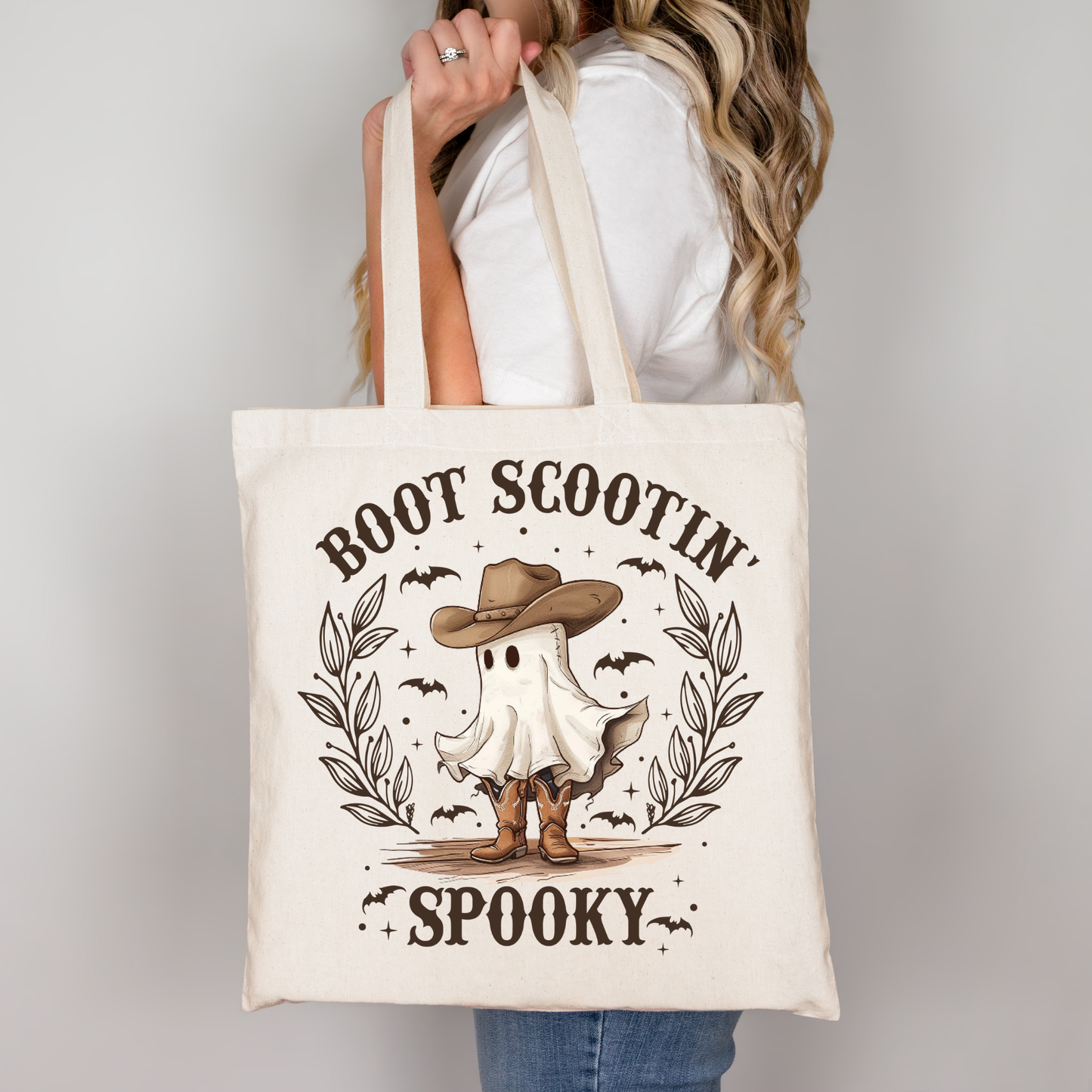 Boot Scootin’ Spooky Halloween Tasche Schwarz – Cowboy Geist Beutel, spooky Tote Bag, Baumwolltasche, DTG Print, A4 A3 Bügelbild, DIY Patch, Geschenkidee