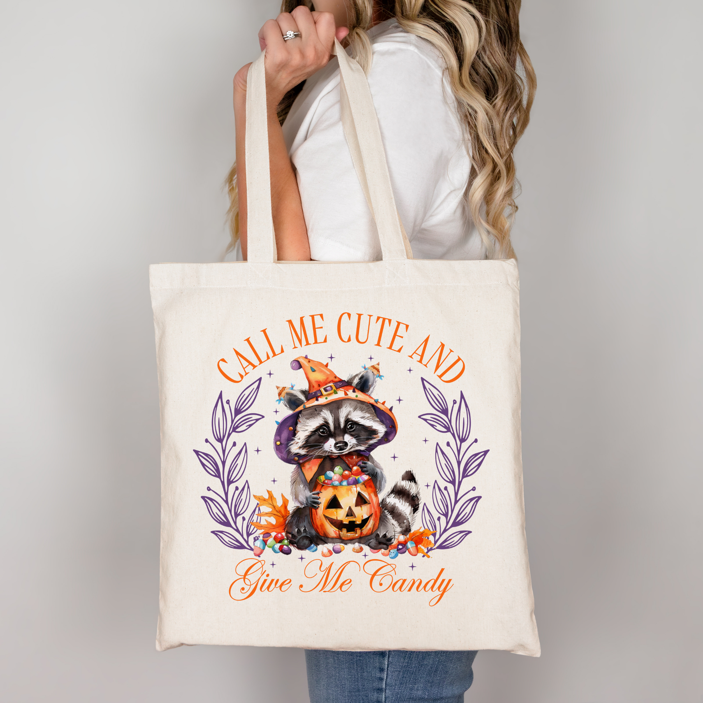Call Me Cute And Give Me Candy Tasche Halloween Schwarz – Waschbär Beutel, Kürbis, DTG Druck, Bügelbild A4 A3, DIY Aufbügler Shirt, Geschenk für Halloween