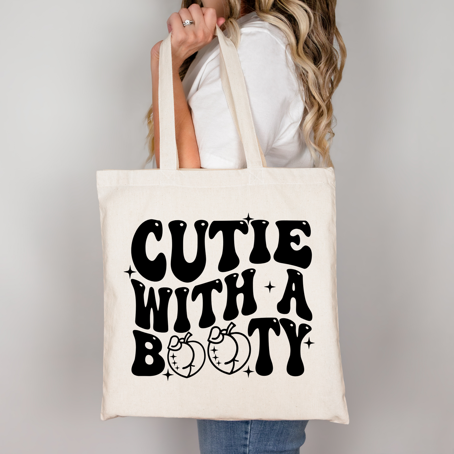 Cutie With A Booty Tote Bag Baumwolltasche 38x42cm Rosa Beige | Lustige Halloween Kürbis Spruch Tasche DTG Druck | Bügelbild Upcycling Geschenkidee