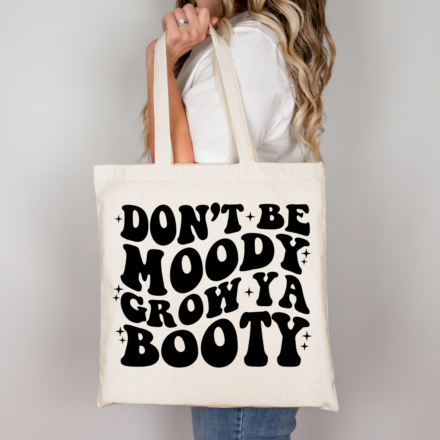 Don’t Be Moody Grow Ya Booty Tote Bag Baumwolltasche 38x42cm Rosa Beige | Lustige Gym Fitness Spruch Tasche DTG Druck | Bügelbild Upcycling Geschenkidee