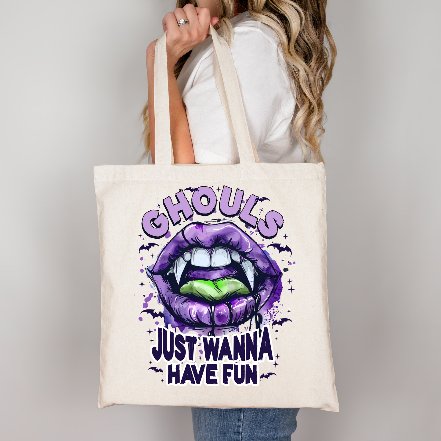 Ghouls just wanna have fun Tasche schwarz – Halloween Beutel mit Vampirmund, Baumwolltasche 38x42 cm, A4 A3 Bügelbild für Shirt, Kissen, Jacke, DTG Druck