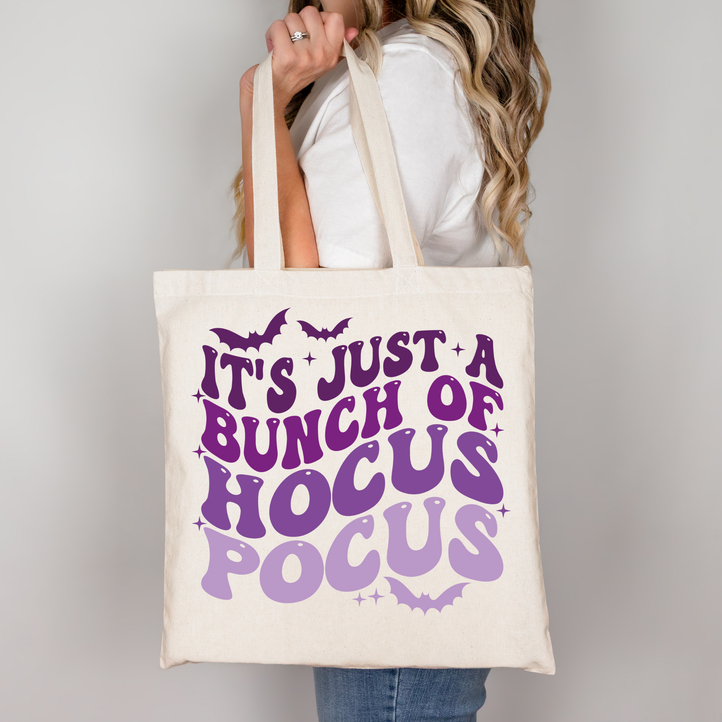 It’s Just a Bunch of Hocus Pocus Tasche beige – Halloween Stoffbeutel Baumwolle, spooky Hexen Tasche, A4 A3 Aufbügler für Shirt Kissen Jacke, handmade DTG