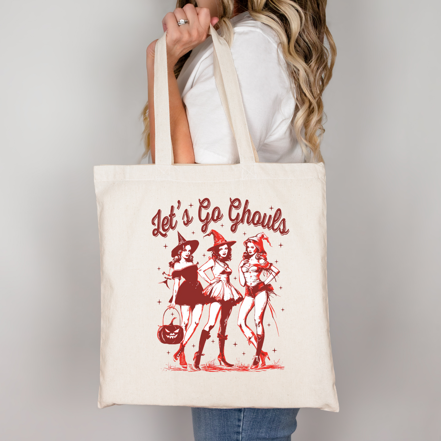 Let’s Go Ghouls Tasche schwarz – Halloween Stoffbeutel mit Hexenmotiv, Baumwollbeutel DTG bedruckt, A4 A3 Bügelbild für Shirt, Jacke, Kissen, spooky gothic style