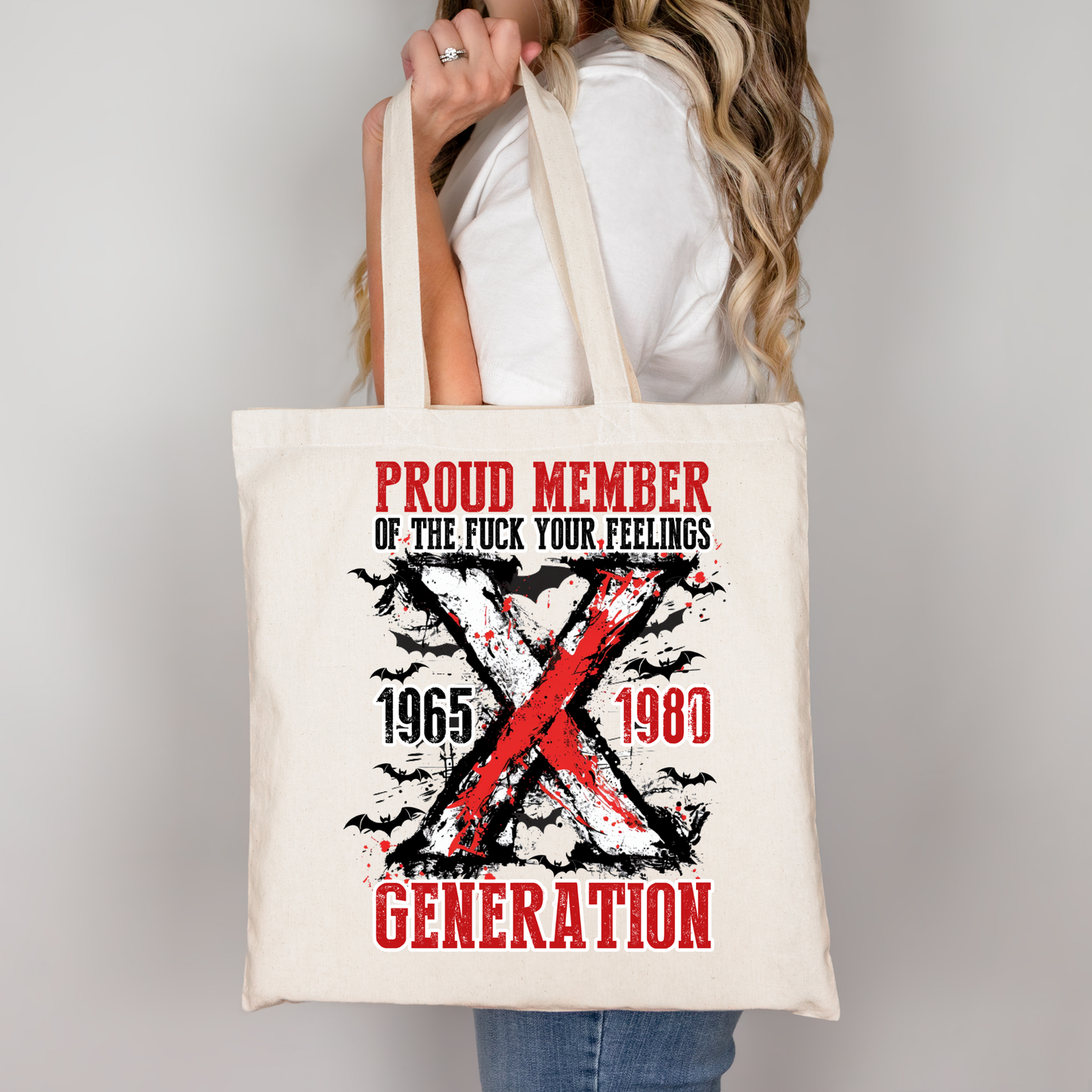 Generation X Stofftasche schwarz – Proud Member of the F*ck Your Feelings Generation – DTG Druck Baumwollbeutel – Motiv auch als A4/A3 Bügelbild für Shirt, Hoodie, Kissen