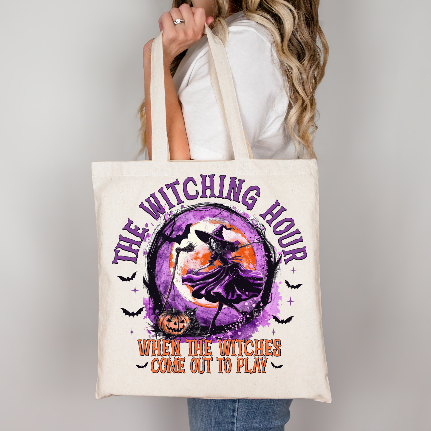 The Witching Hour Tasche Schwarz – Hexen Halloween Baumwollbeutel mit Retro Print – DTG Druck oder Bügelbild A4/A3 für Shirt, Kissen, Jacke & mehr