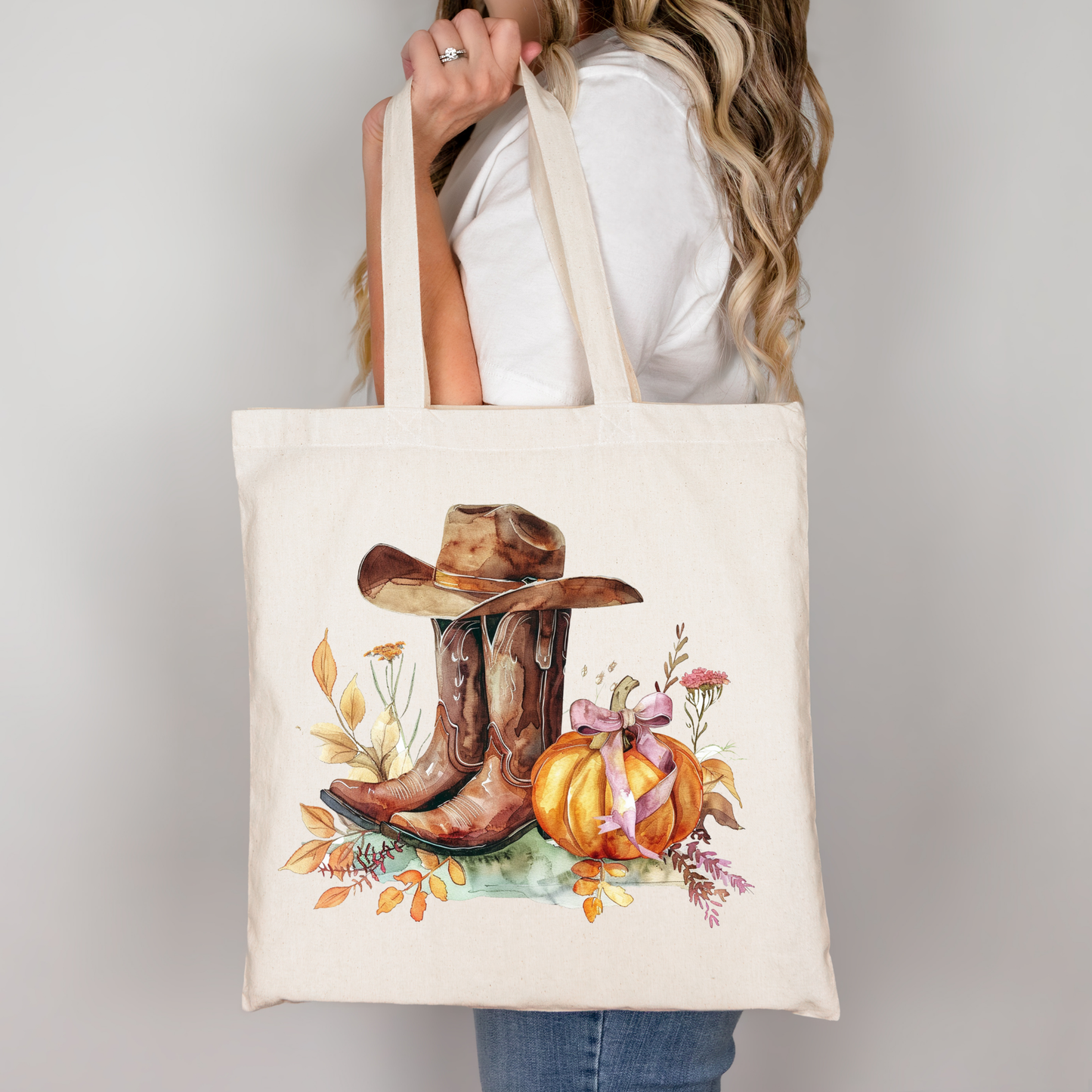 Western Boots Tasche Schwarz – Cowboy Herbst Beutel mit Kürbis Motiv – DTG Druck oder A4/A3 Bügelbild für Shirt, Tasche, Kissen, Jacke & mehr