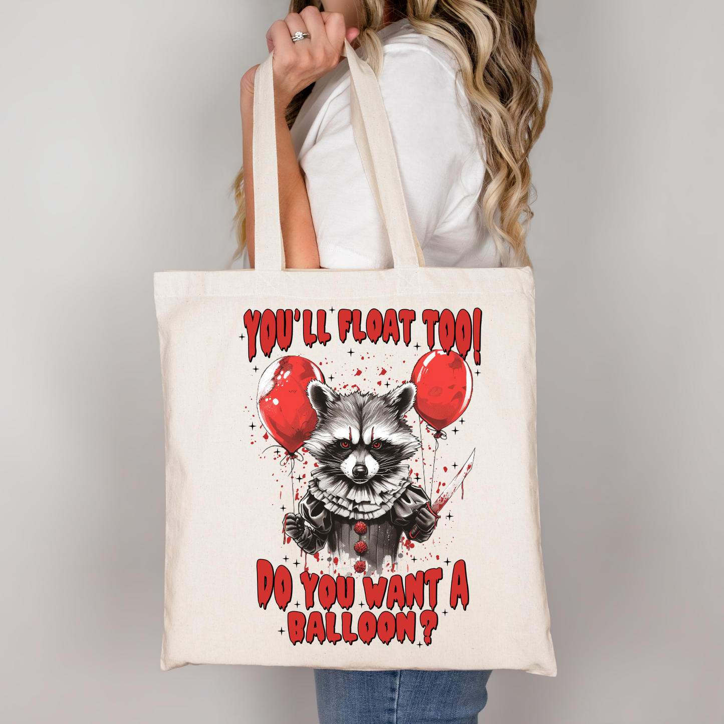 You’ll Float Too Stofftasche Schwarz – Horror Clown Tragetasche für Halloween – Gruselige Pennywise Ballon Tasche – auch als Bügelbild A4 & A3 für Shirts & DIY