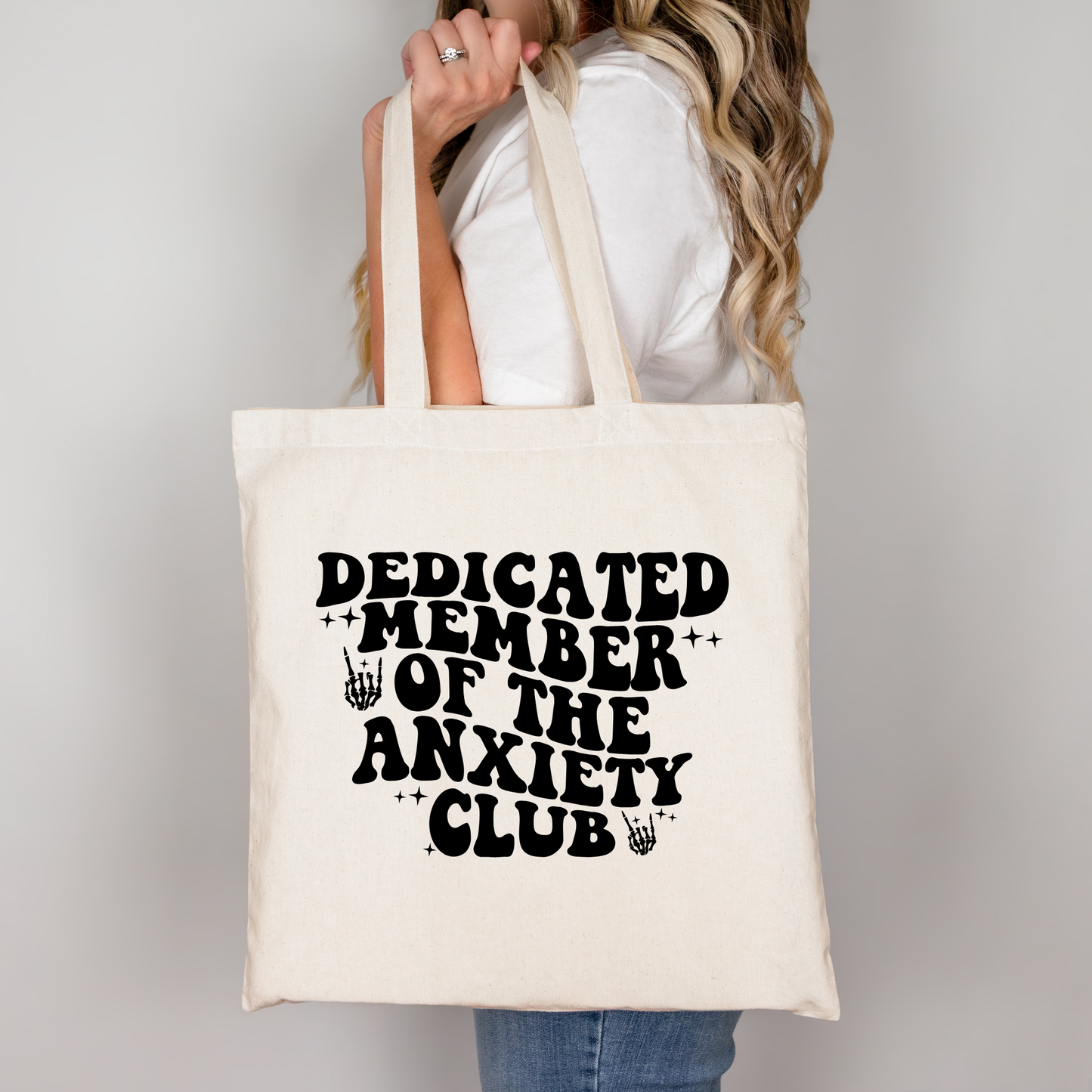 Dedicated Member of the Anxiety Club Tote Bag Baumwolltasche 38x42cm Rosa Beige | Lustige Mental Health Spruch Tasche DTG Druck | Bügelbild Upcycling Geschenkidee