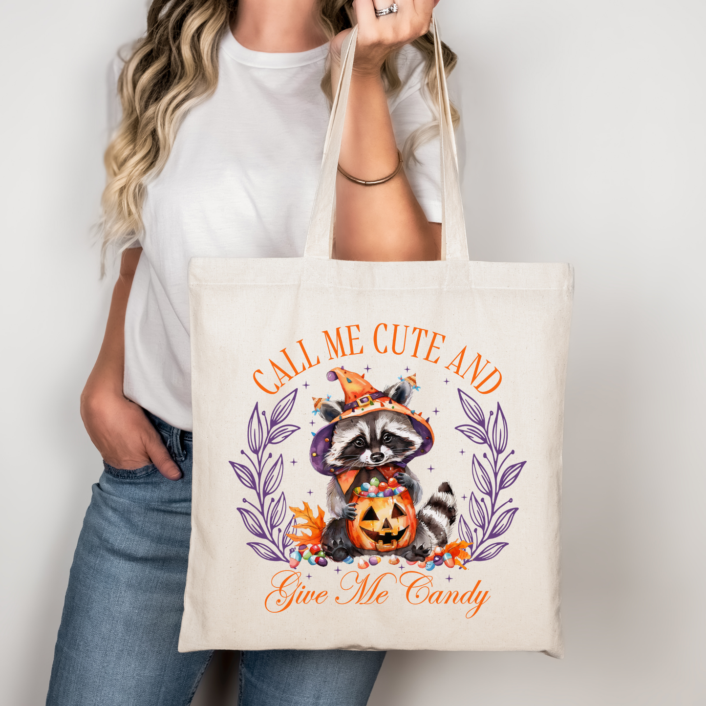 Call Me Cute And Give Me Candy Tasche Halloween Schwarz – Waschbär Beutel, Kürbis, DTG Druck, Bügelbild A4 A3, DIY Aufbügler Shirt, Geschenk für Halloween
