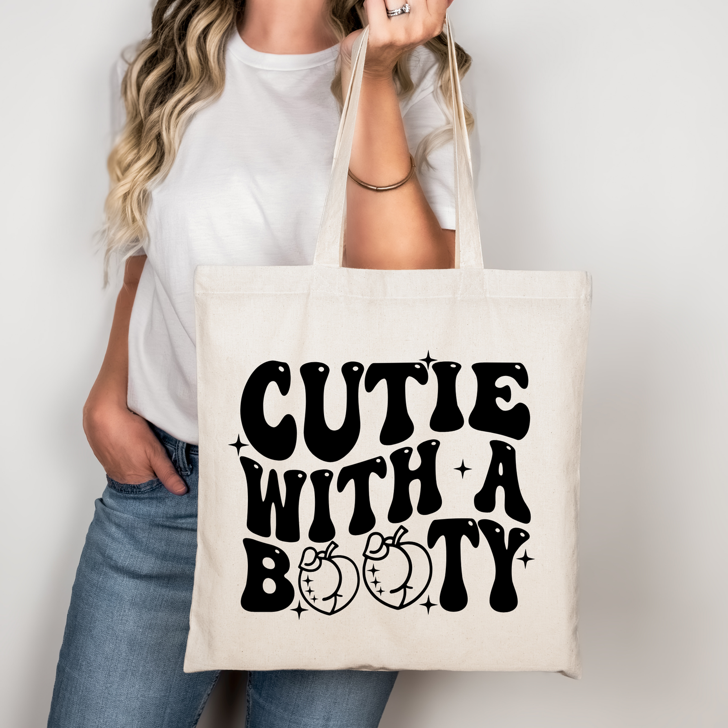 Cutie With A Booty Tote Bag Baumwolltasche 38x42cm Rosa Beige | Lustige Halloween Kürbis Spruch Tasche DTG Druck | Bügelbild Upcycling Geschenkidee