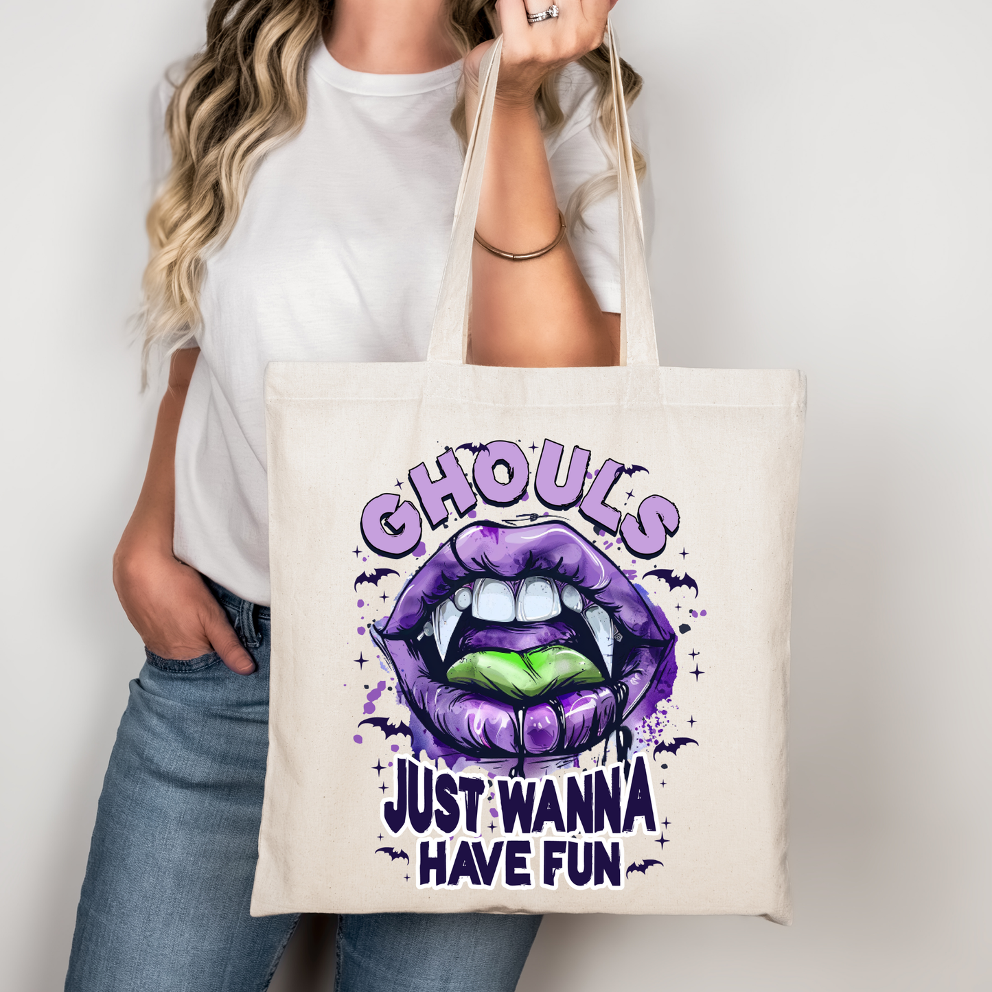 Ghouls just wanna have fun Tasche schwarz – Halloween Beutel mit Vampirmund, Baumwolltasche 38x42 cm, A4 A3 Bügelbild für Shirt, Kissen, Jacke, DTG Druck