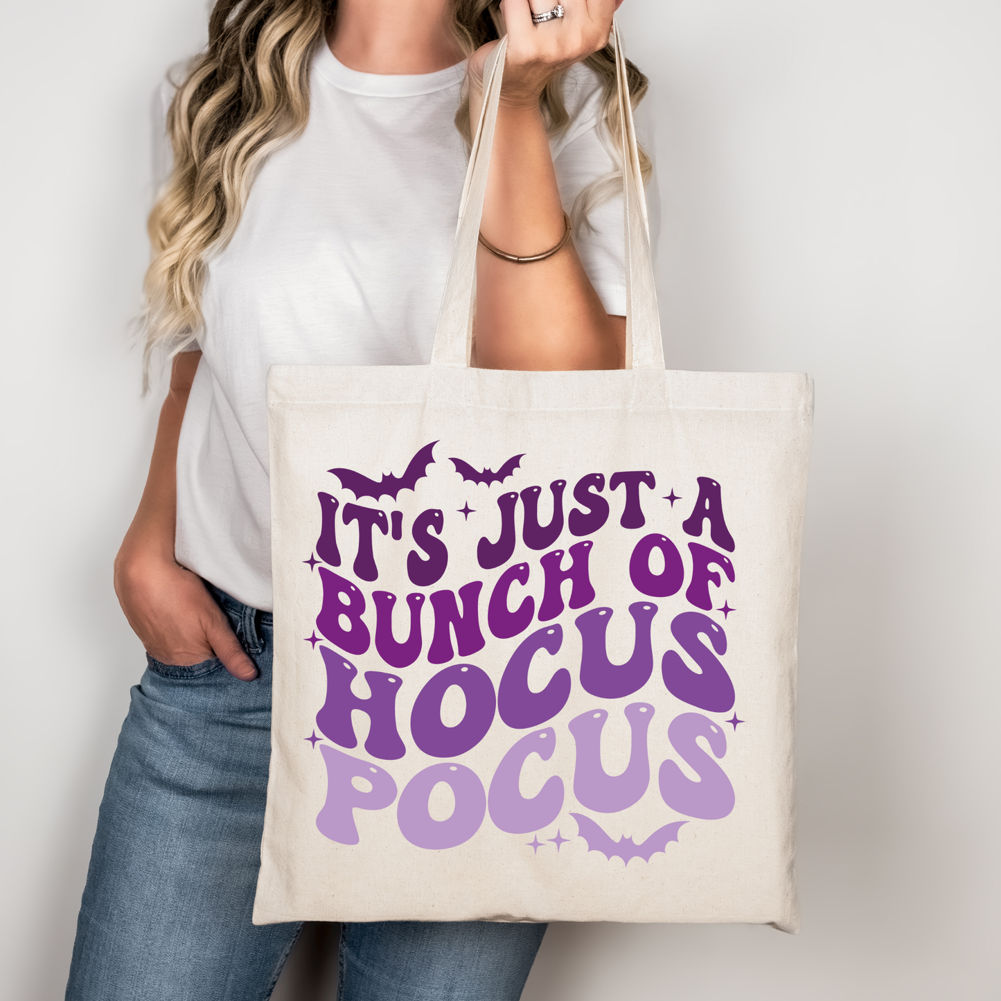 It’s Just a Bunch of Hocus Pocus Tasche beige – Halloween Stoffbeutel Baumwolle, spooky Hexen Tasche, A4 A3 Aufbügler für Shirt Kissen Jacke, handmade DTG