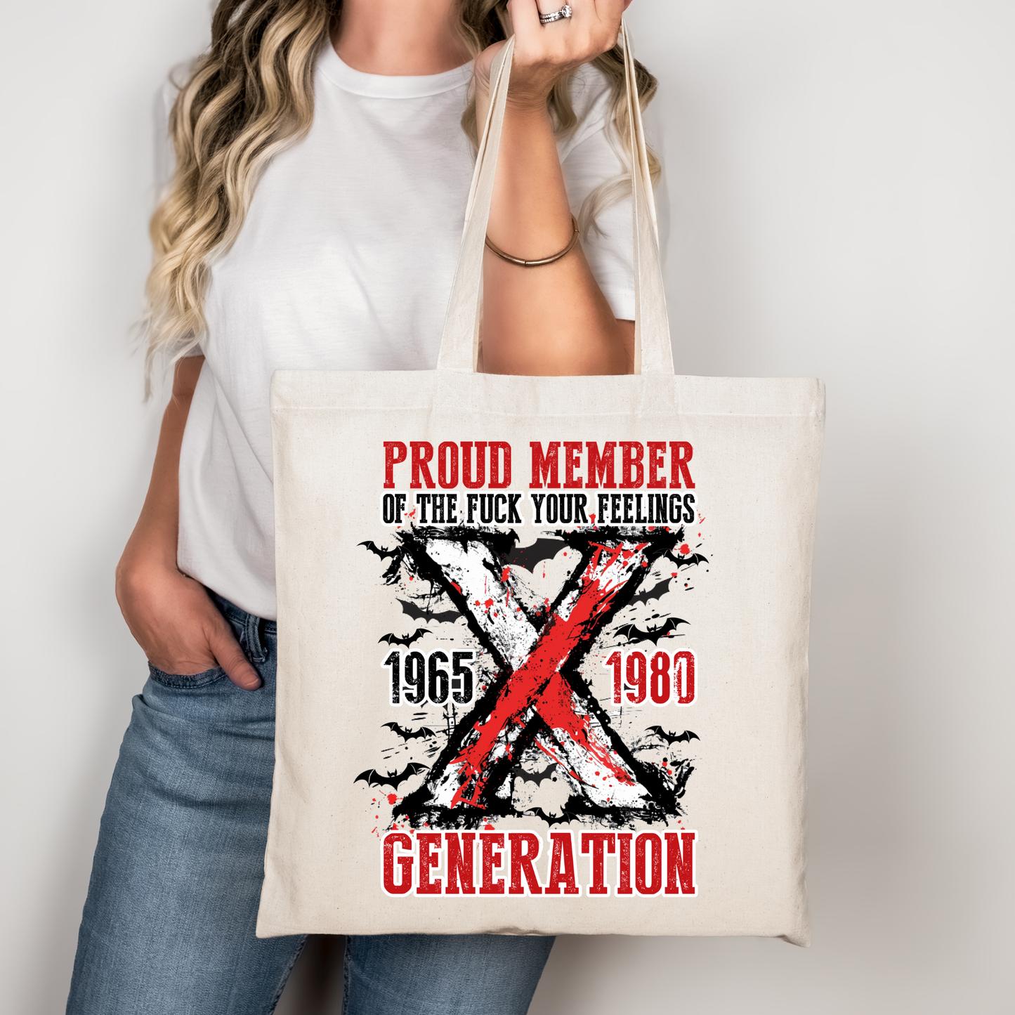 Generation X Stofftasche schwarz – Proud Member of the F*ck Your Feelings Generation – DTG Druck Baumwollbeutel – Motiv auch als A4/A3 Bügelbild für Shirt, Hoodie, Kissen