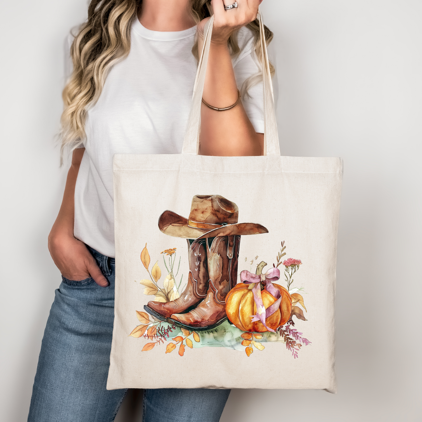 Western Boots Tasche Schwarz – Cowboy Herbst Beutel mit Kürbis Motiv – DTG Druck oder A4/A3 Bügelbild für Shirt, Tasche, Kissen, Jacke & mehr