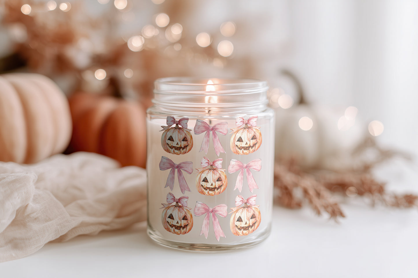 Kürbis Kerze mit rosa Schleifen Halloween Duftkerze Glas vegan Sojawachs Herbstdeko Geschenkidee Homedecor