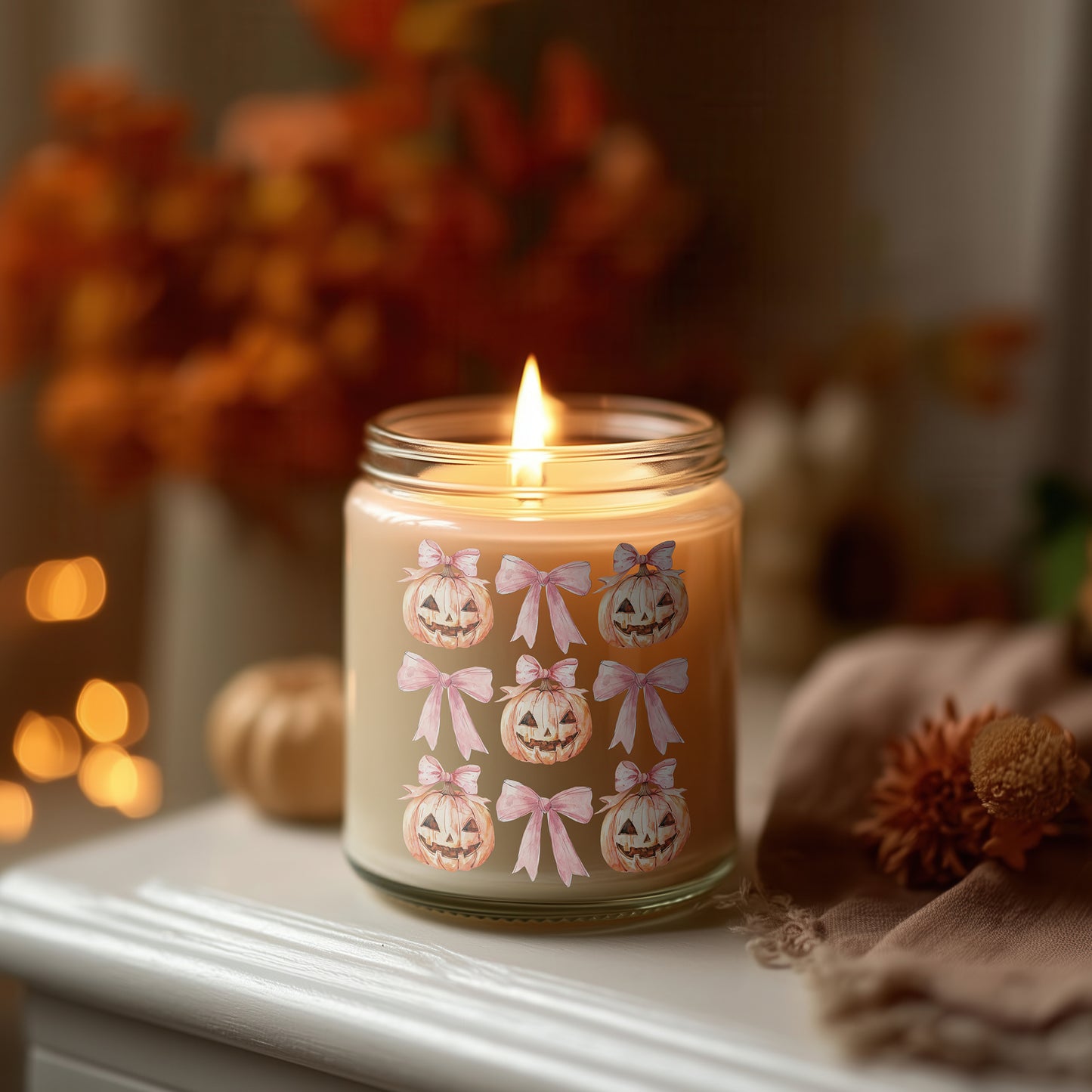 Kürbis Kerze mit rosa Schleifen Halloween Duftkerze Glas vegan Sojawachs Herbstdeko Geschenkidee Homedecor