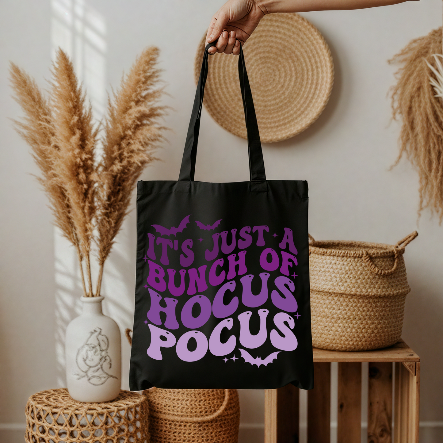 It’s Just a Bunch of Hocus Pocus Tasche beige – Halloween Stoffbeutel Baumwolle, spooky Hexen Tasche, A4 A3 Aufbügler für Shirt Kissen Jacke, handmade DTG
