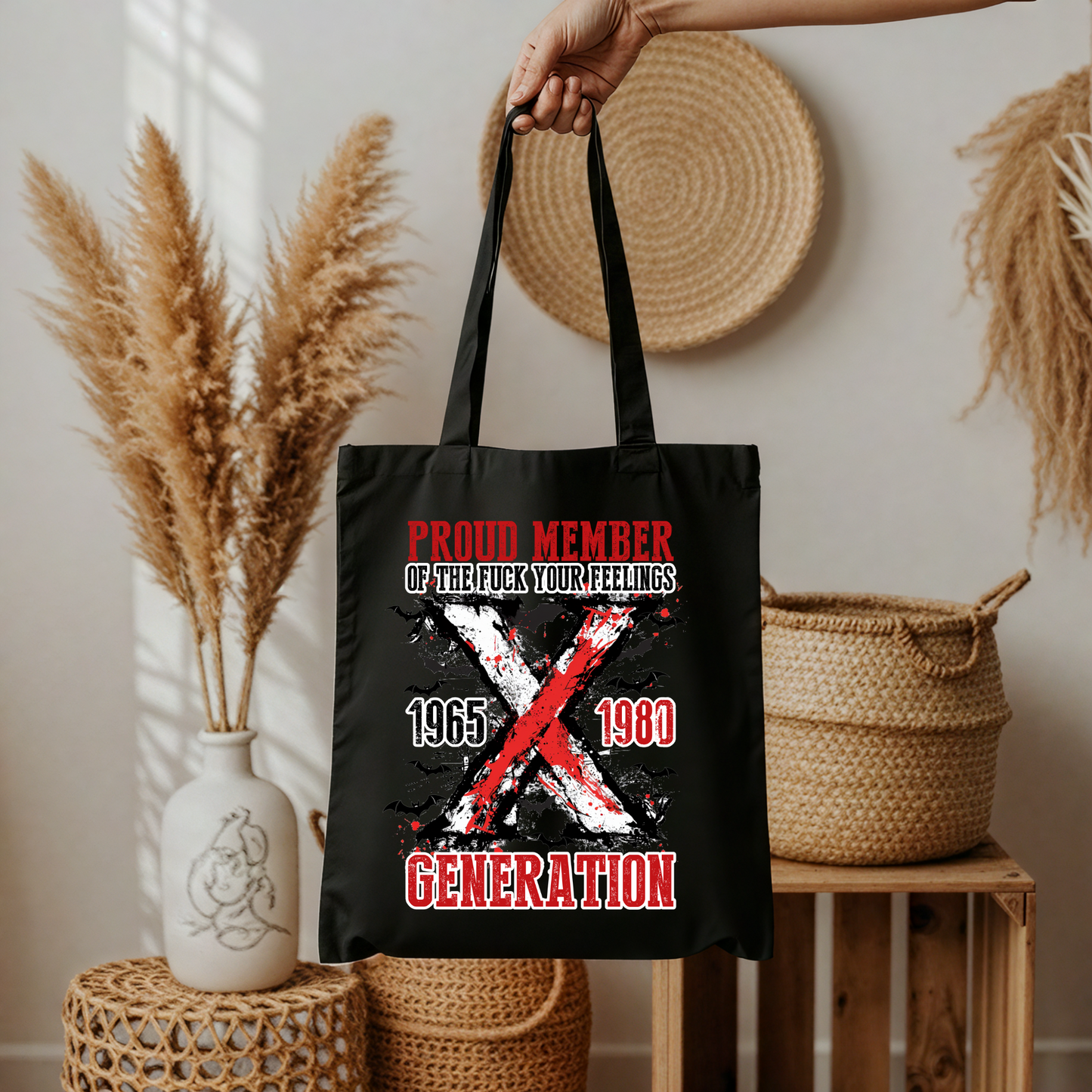 Generation X Stofftasche schwarz – Proud Member of the F*ck Your Feelings Generation – DTG Druck Baumwollbeutel – Motiv auch als A4/A3 Bügelbild für Shirt, Hoodie, Kissen