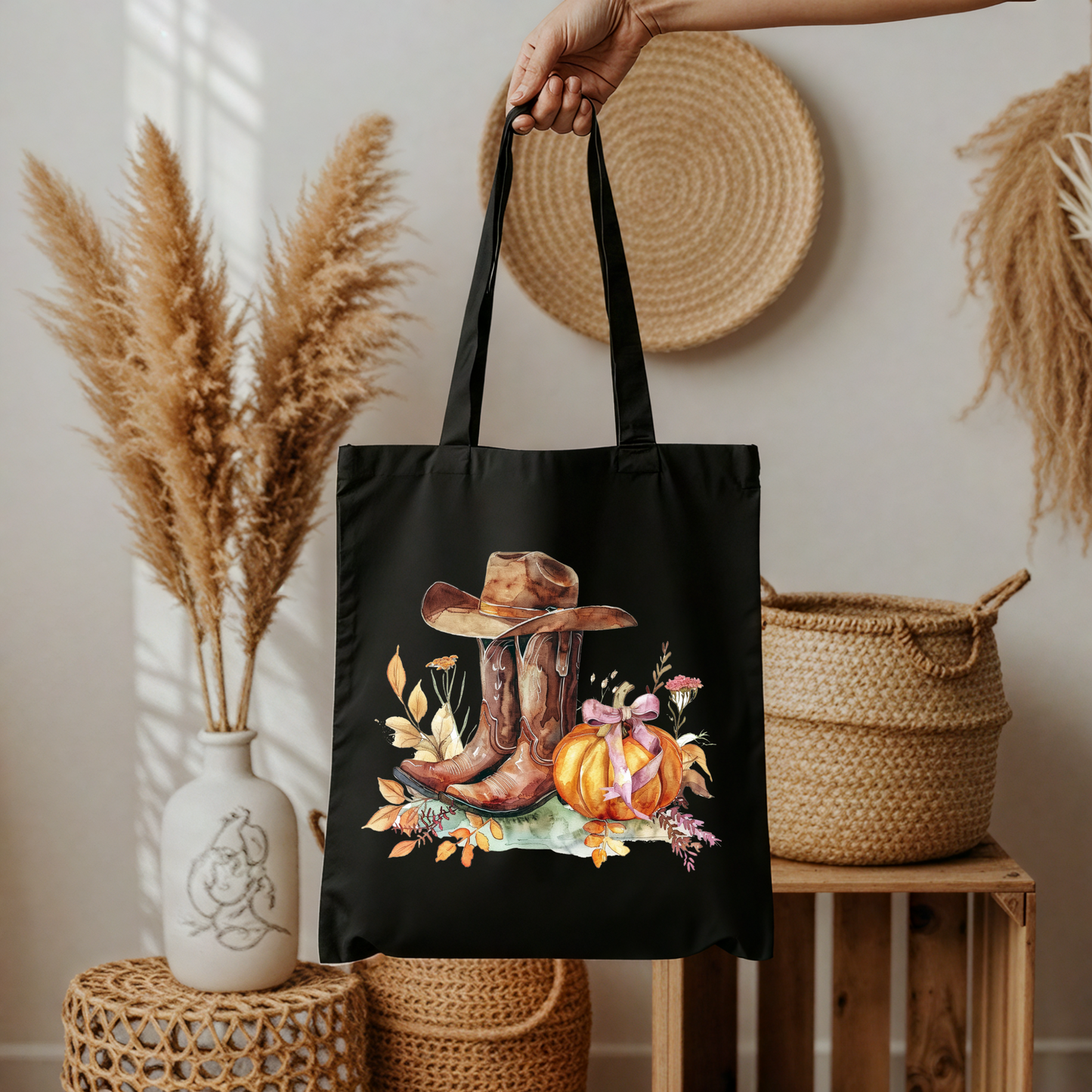 Western Boots Tasche Schwarz – Cowboy Herbst Beutel mit Kürbis Motiv – DTG Druck oder A4/A3 Bügelbild für Shirt, Tasche, Kissen, Jacke & mehr
