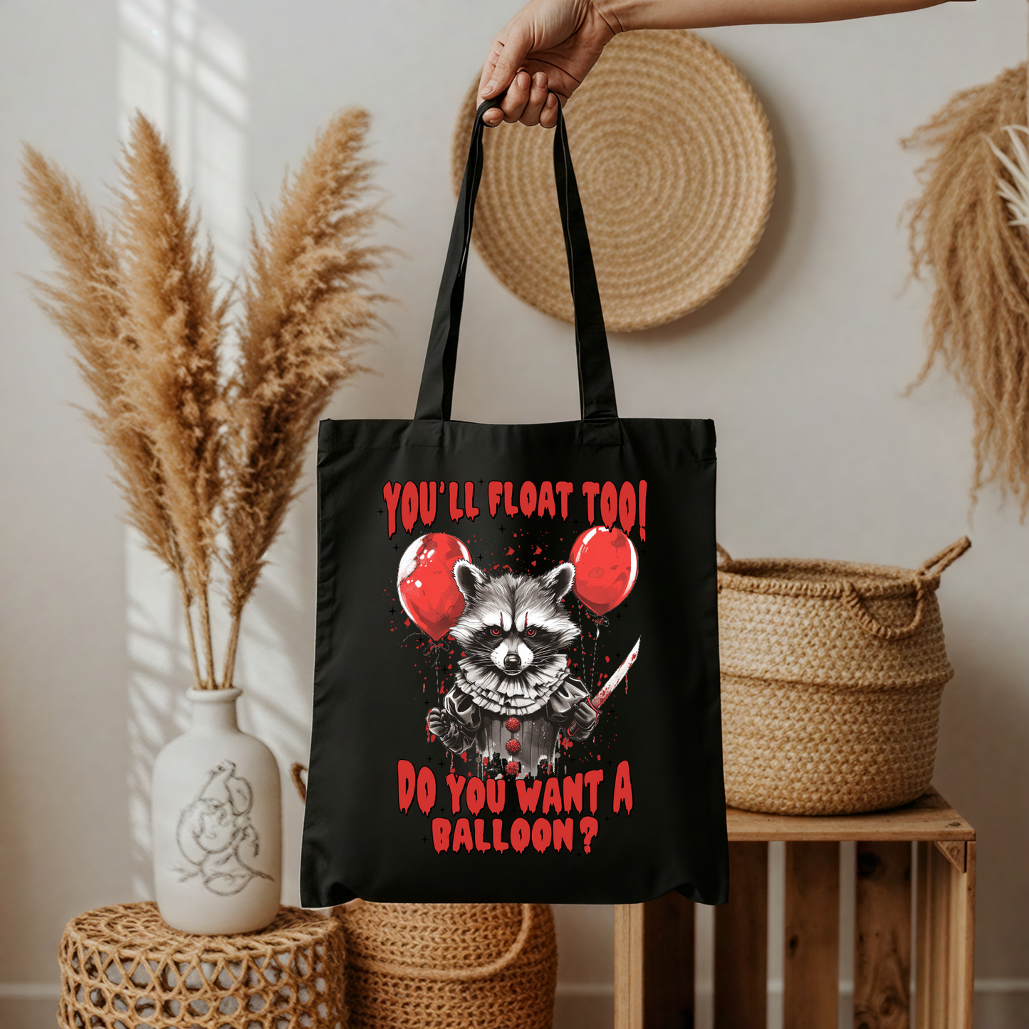 You’ll Float Too Stofftasche Schwarz – Horror Clown Tragetasche für Halloween – Gruselige Pennywise Ballon Tasche – auch als Bügelbild A4 & A3 für Shirts & DIY