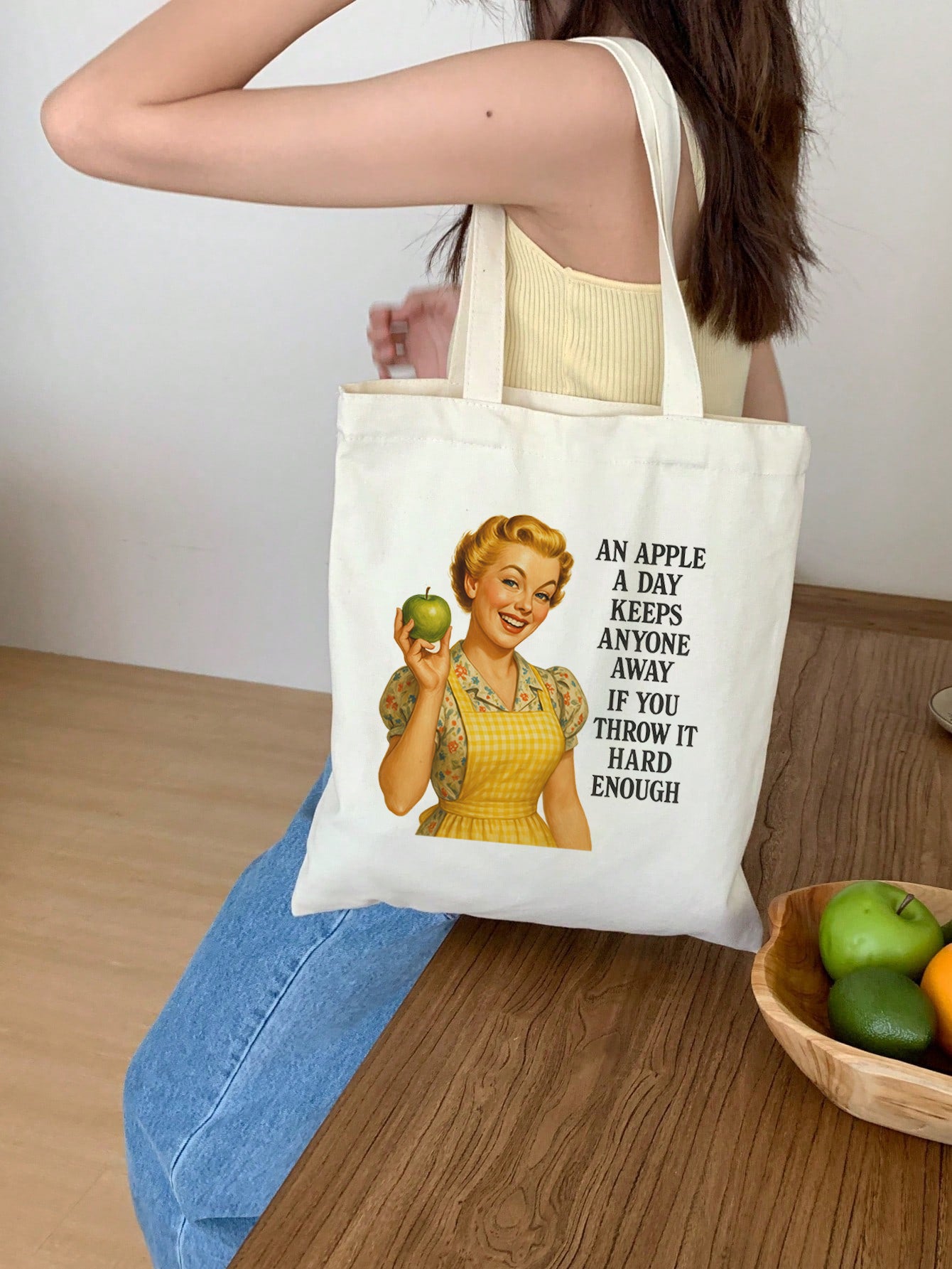 an apple a day Baumwollbeutel Stofftasche 38x42 cm lustig retro vintage spruch nachhaltig shopper witzig bedruckt Geschenkidee Damen Herren 11 Farben
