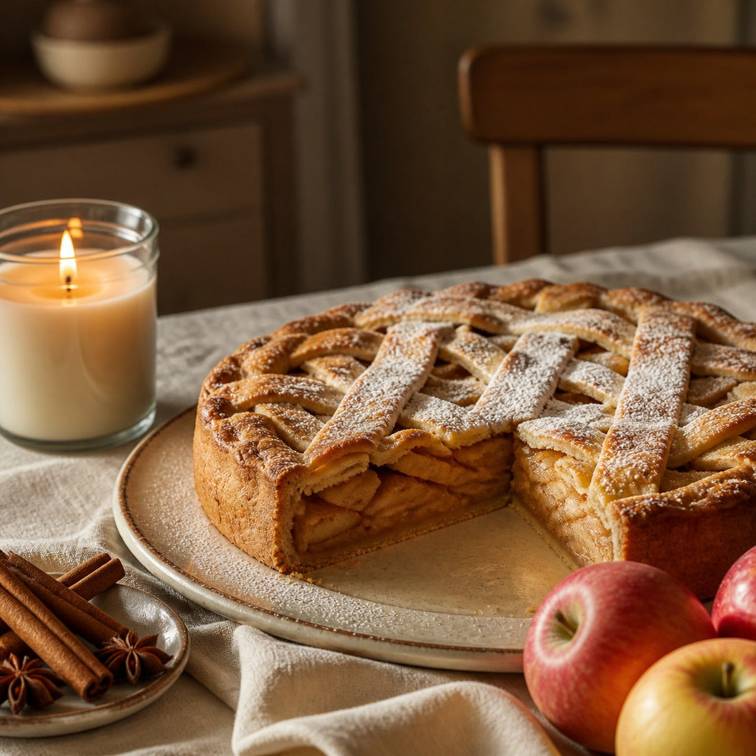 Gedeckter Apfelkuchen mit Zimt und brennender Duftkerze im Glas – Duftkerze Omas Apfelkuchen