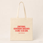 Emotional verfügbar zwischen 14 und 14:05 Uhr. – Stoffbeutel mit Spruch beige, Produktansicht