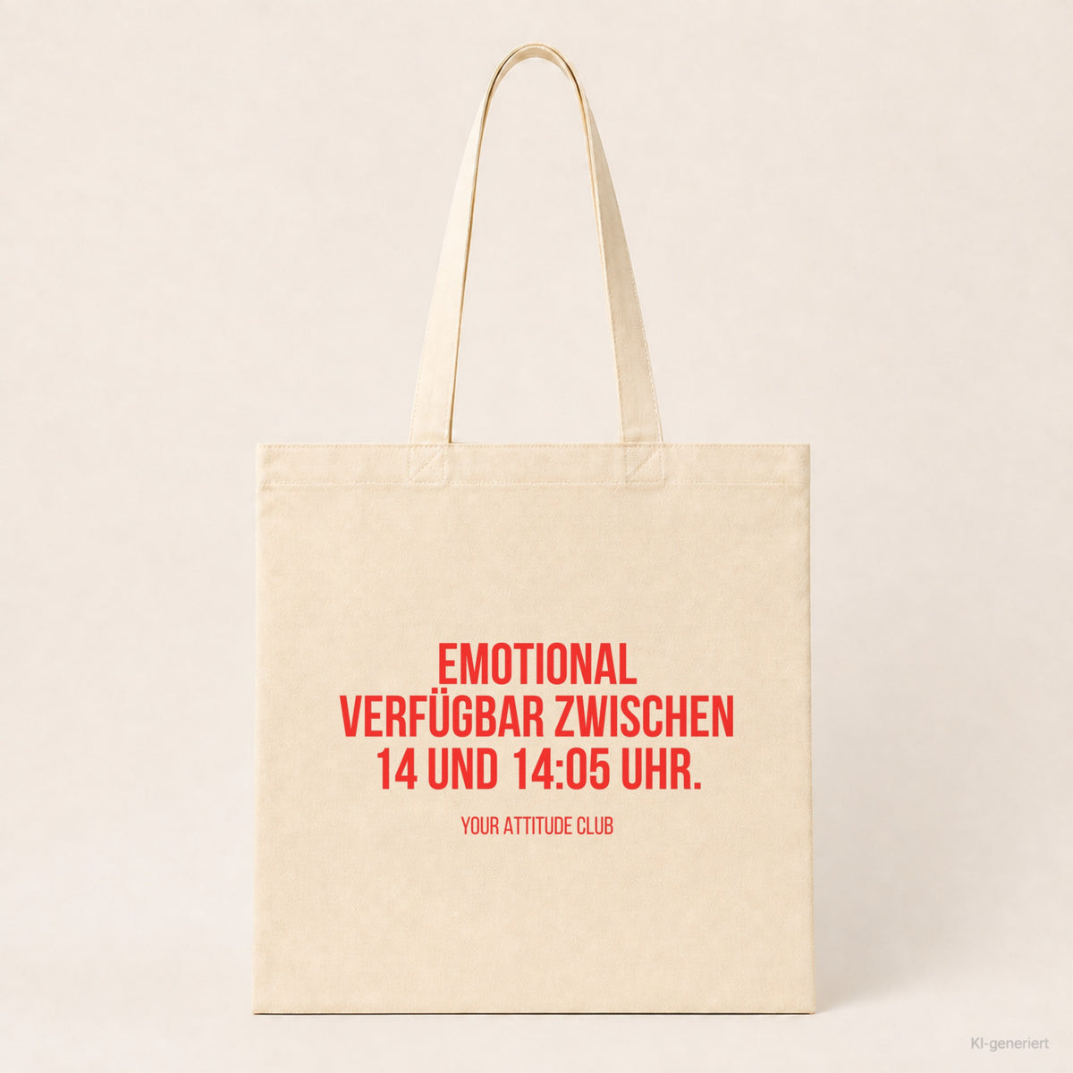 Emotional verfügbar zwischen 14 und 14:05 Uhr. – Stoffbeutel mit Spruch beige, Produktansicht