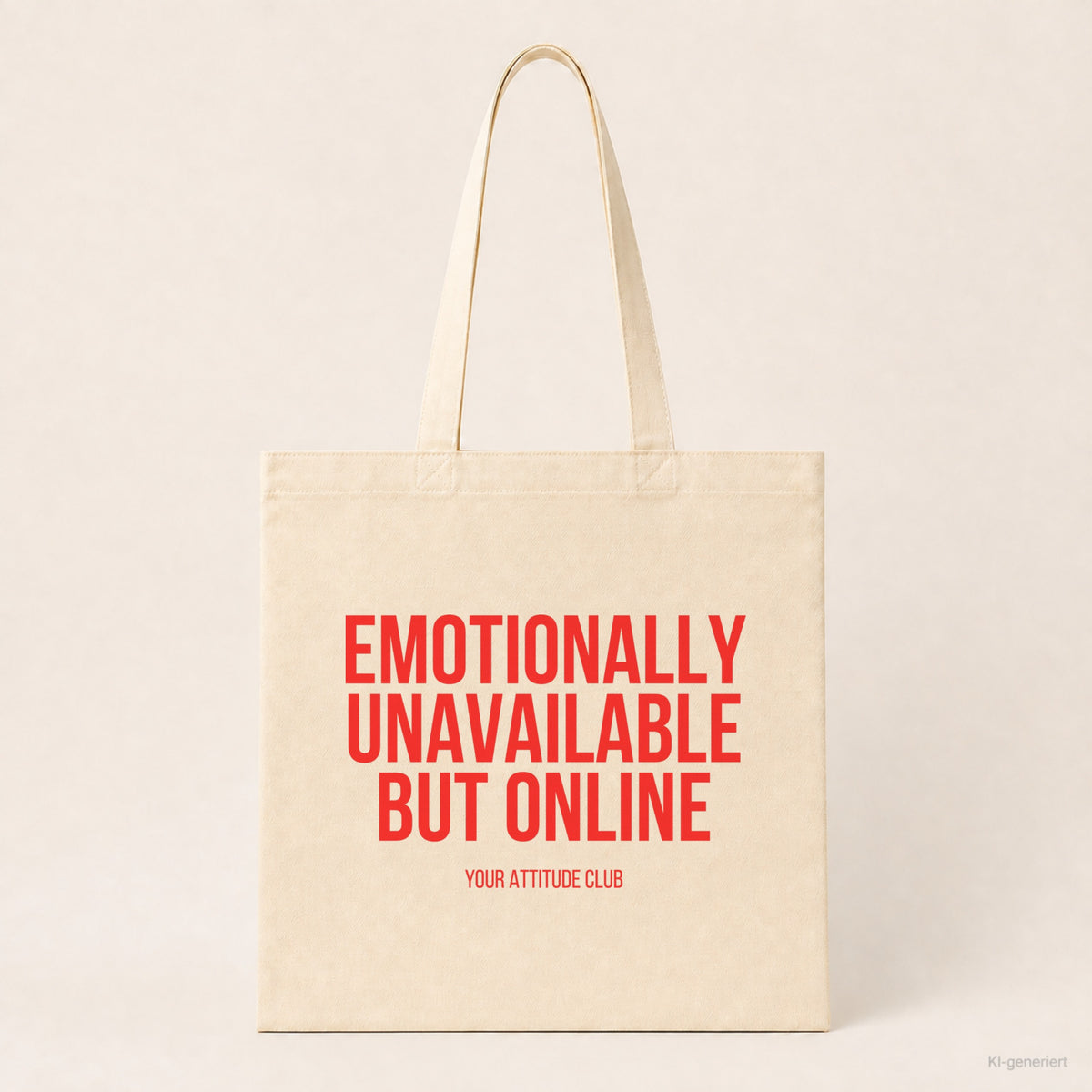 Emotionally unavailable but online – Stoffbeutel mit Spruch beige, Produktansicht