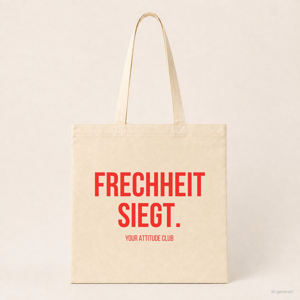 Frechheit siegt. – Stoffbeutel mit Spruch beige, Produktansicht