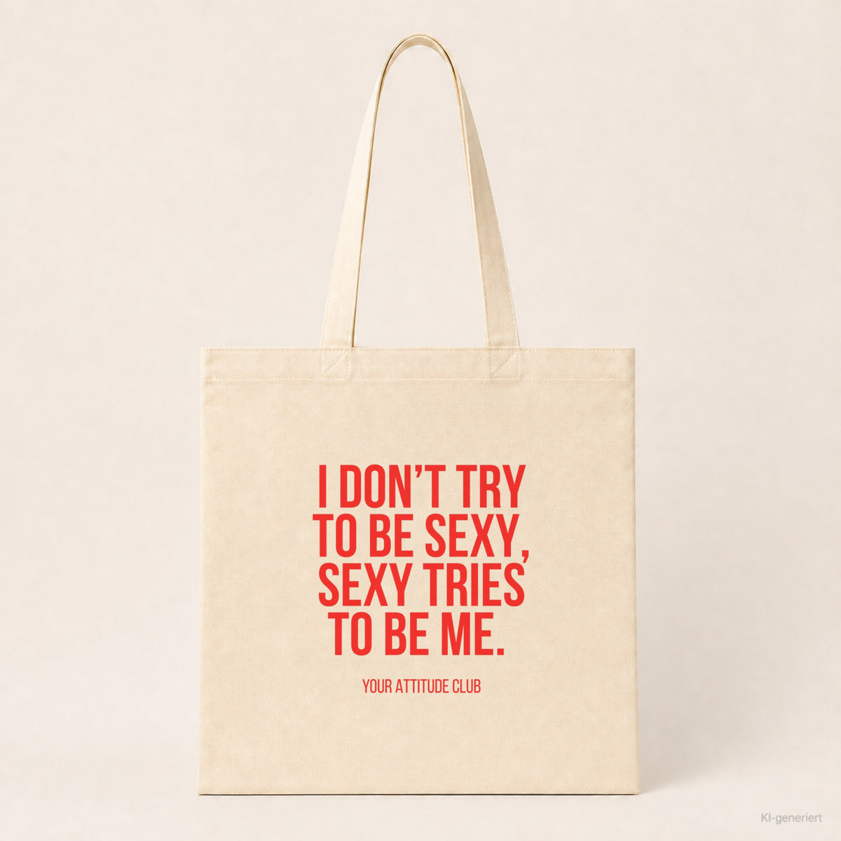 I don't try to be sexy, sexy tries to be me. – Stoffbeutel mit Spruch beige, Produktansicht