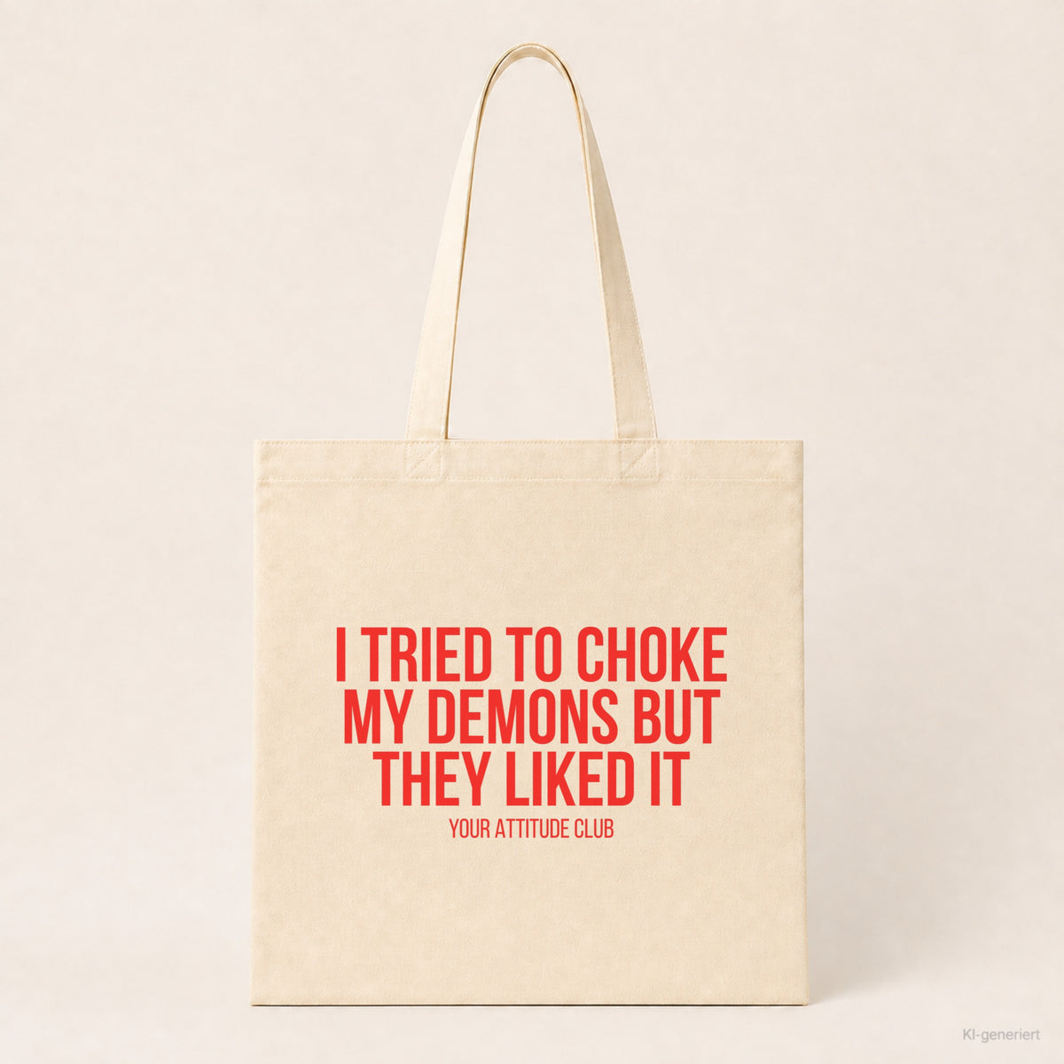 I tried to choke my demons but they liked it – Stoffbeutel mit Spruch beige, Produktansicht