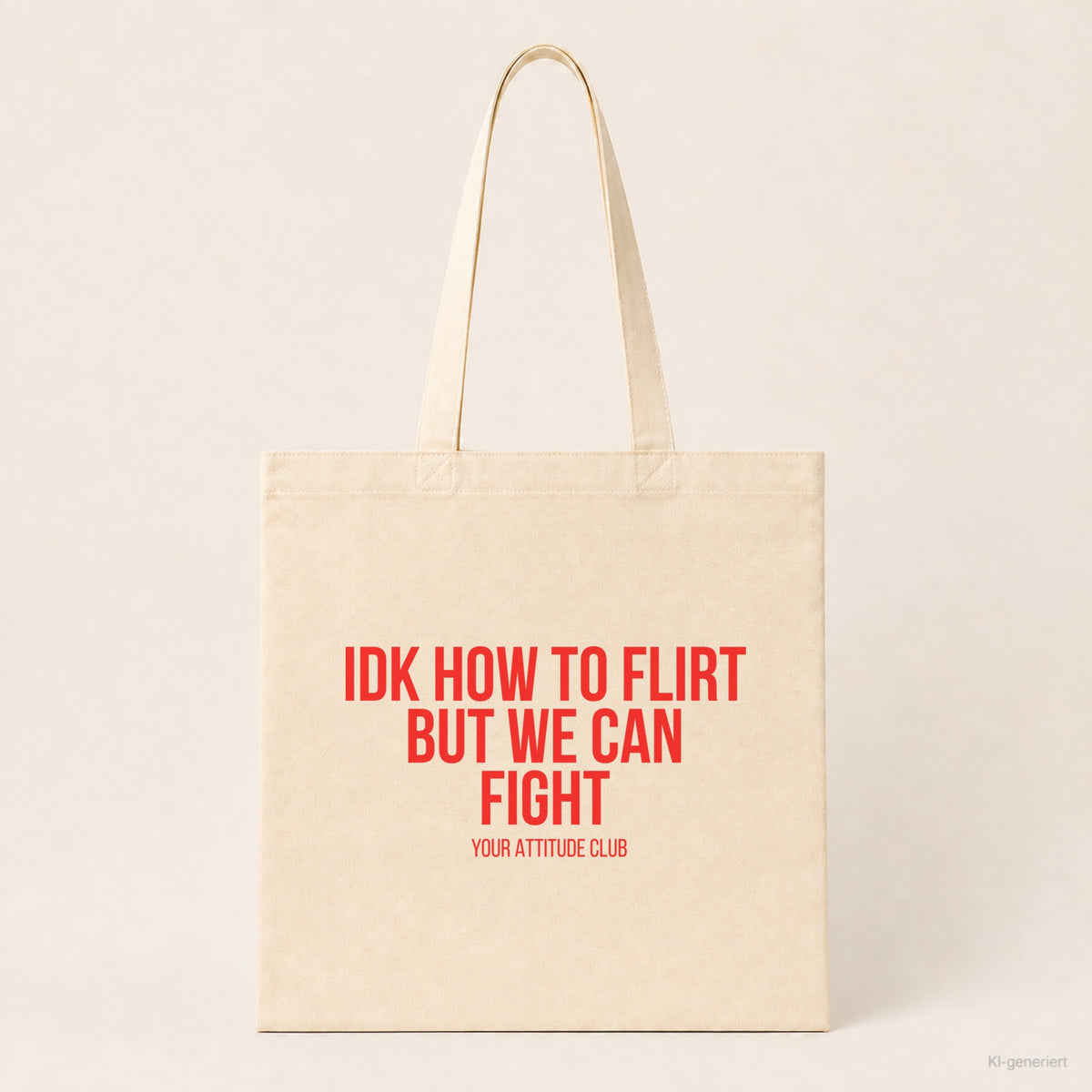 IDK how to flirt but we can fight – Stoffbeutel mit Spruch beige, Produktansicht