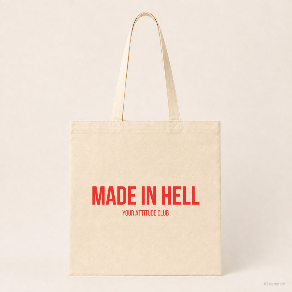Made in hell – Stoffbeutel mit Spruch beige, Produktansicht