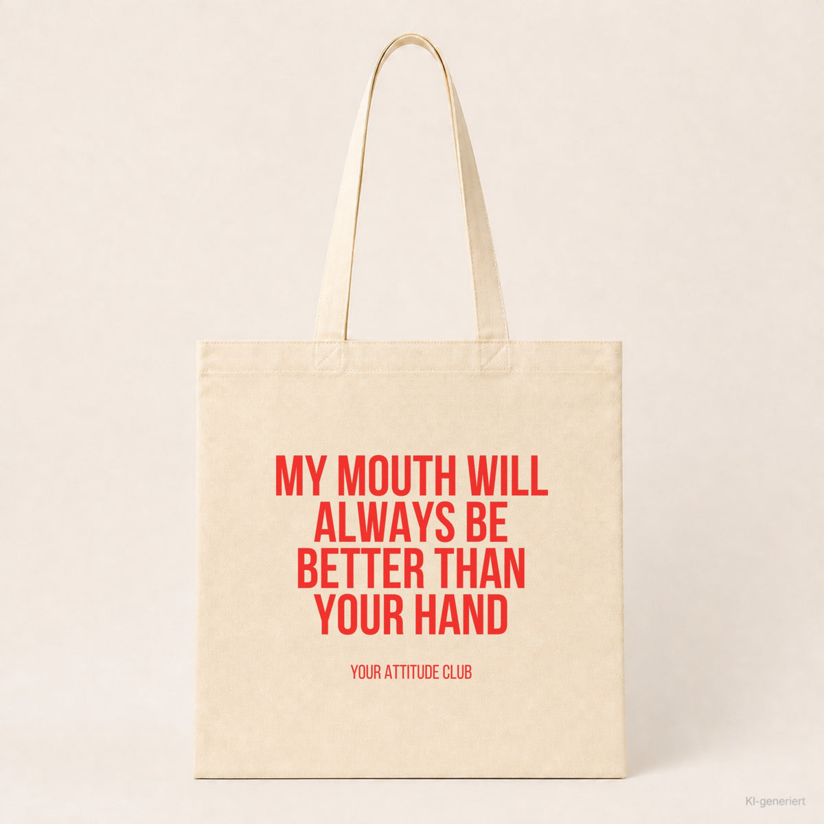 My mouth will always be better than your hand – Stoffbeutel mit Spruch beige, Produktansicht