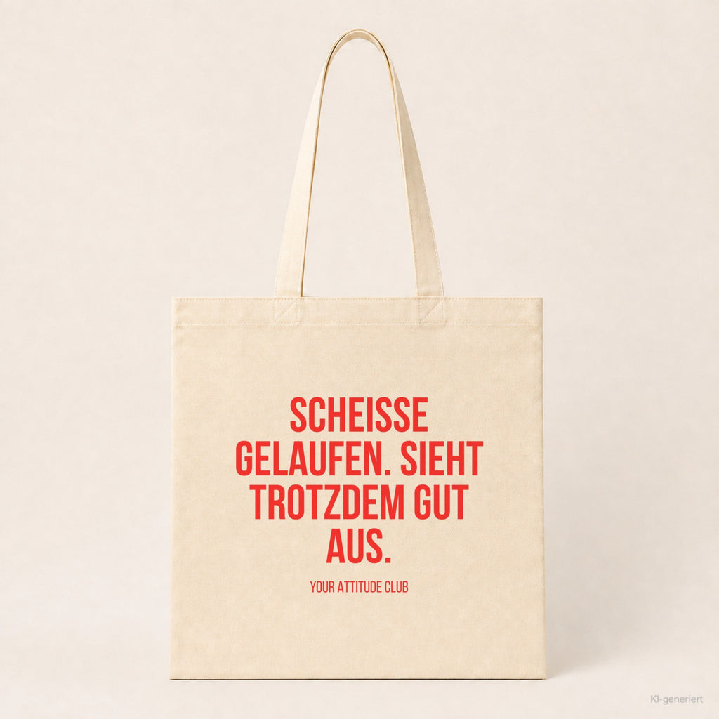 Scheisse gelaufen. Sieht trotzdem gut aus. – Stoffbeutel mit Spruch beige, Produktansicht