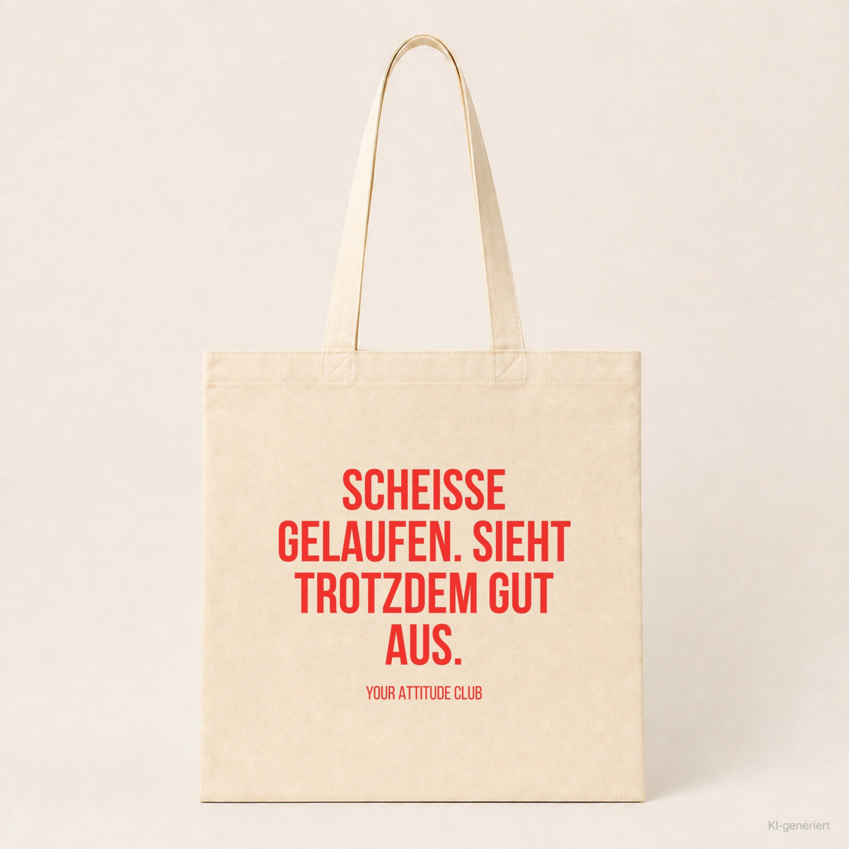 Scheisse gelaufen. Sieht trotzdem gut aus. – Stoffbeutel mit Spruch beige, Produktansicht