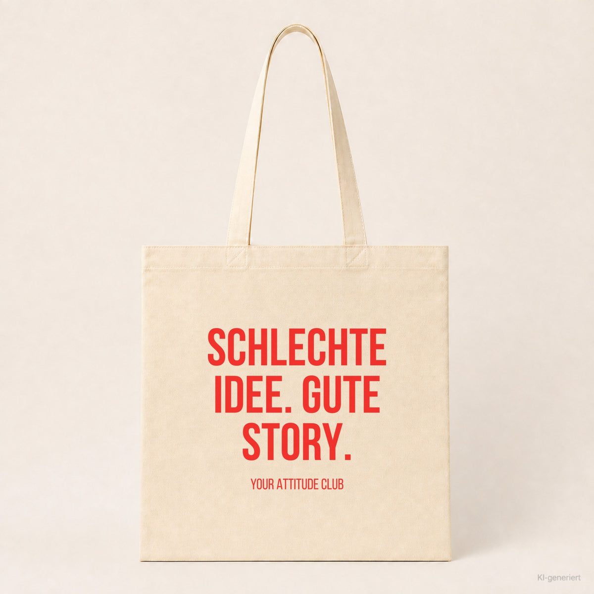 Schlechte Idee. Gute Story. – Stoffbeutel mit Spruch beige, Produktansicht