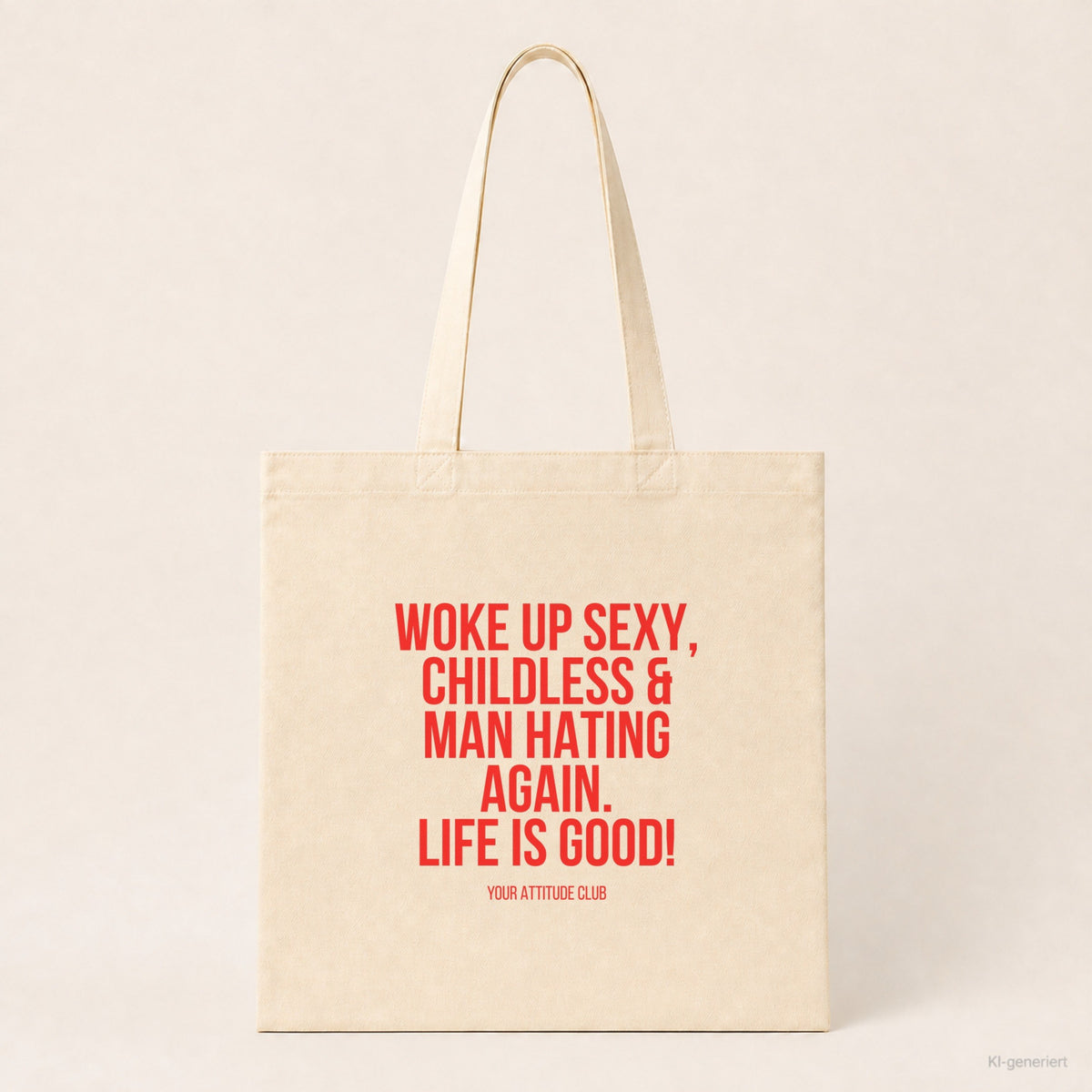 Woke up sexy, childless & man hating again. Life is good! – Stoffbeutel mit Spruch beige, Produktansicht