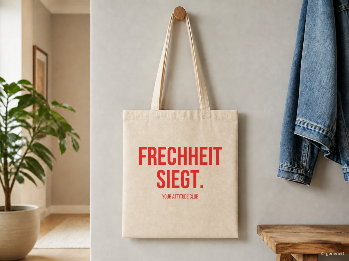 Frechheit siegt. – Stoffbeutel mit Spruch beige, Detailansicht