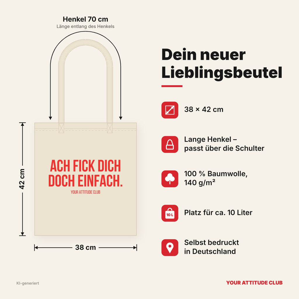 Ach fick dich doch einfach. – Stoffbeutel mit Spruch beige, Maße 38 × 42 cm, Henkel 70 cm