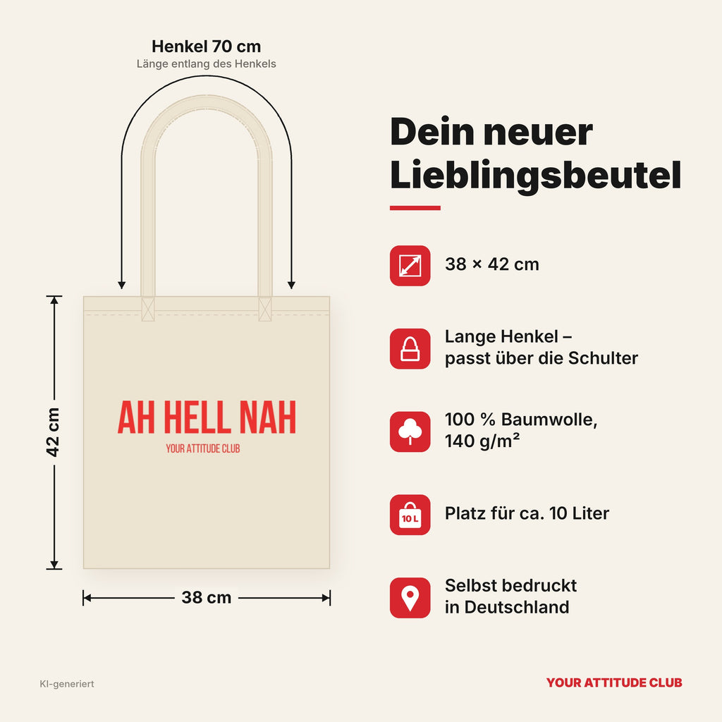 Ah hell nah – Stoffbeutel mit Spruch beige, Maße 38 × 42 cm, Henkel 70 cm