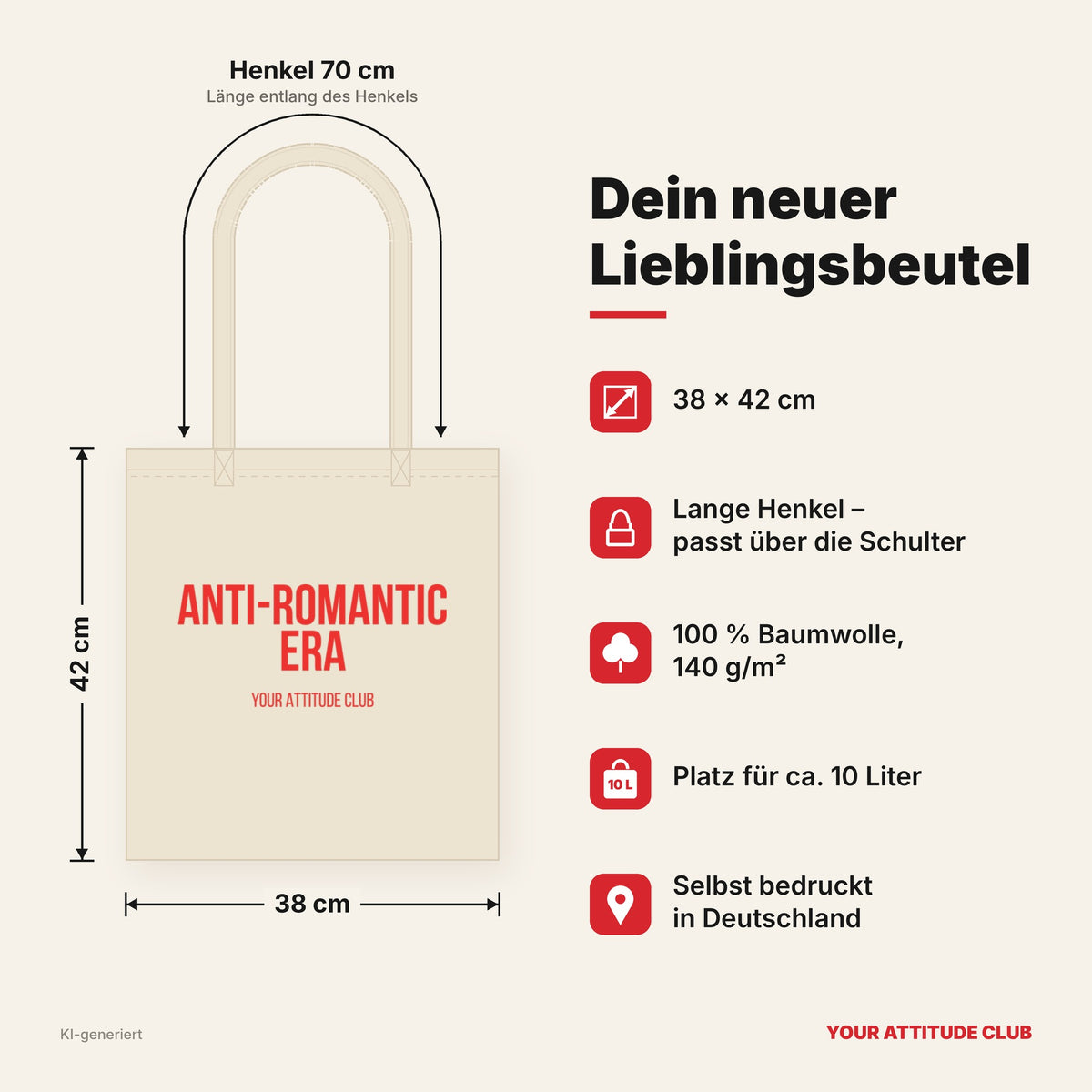 Anti-Romantic Era – Stoffbeutel mit Spruch beige, Maße 38 × 42 cm, Henkel 70 cm
