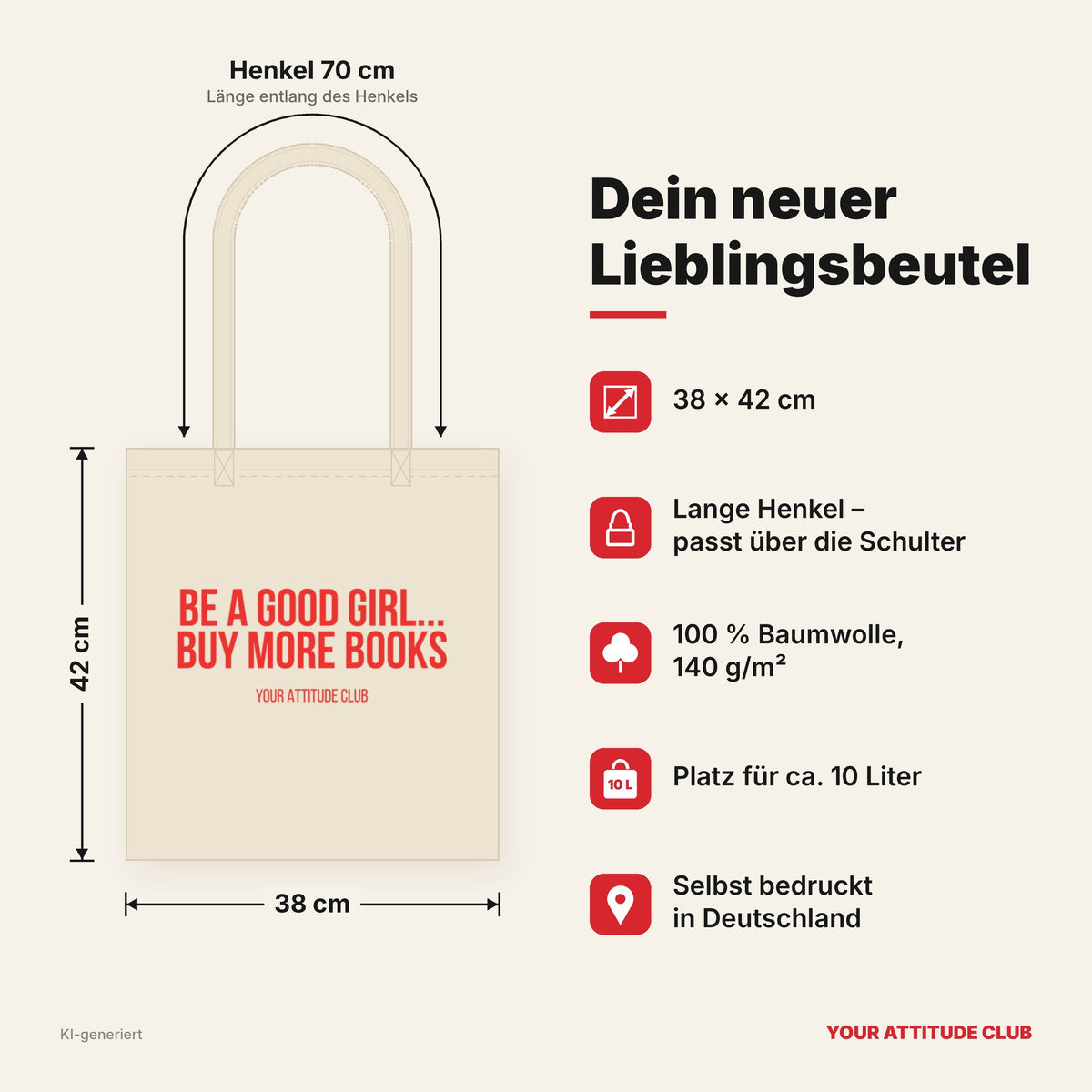 Be a good girl... buy more books – Stoffbeutel mit Spruch beige, Maße 38 × 42 cm, Henkel 70 cm