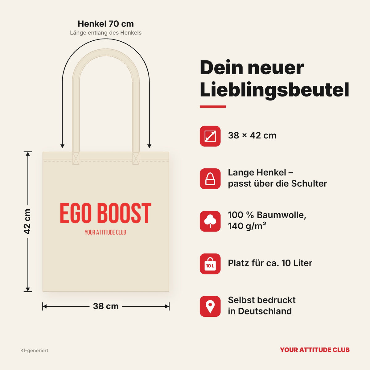 Ego Boost – Stoffbeutel mit Spruch beige, Maße 38 × 42 cm, Henkel 70 cm